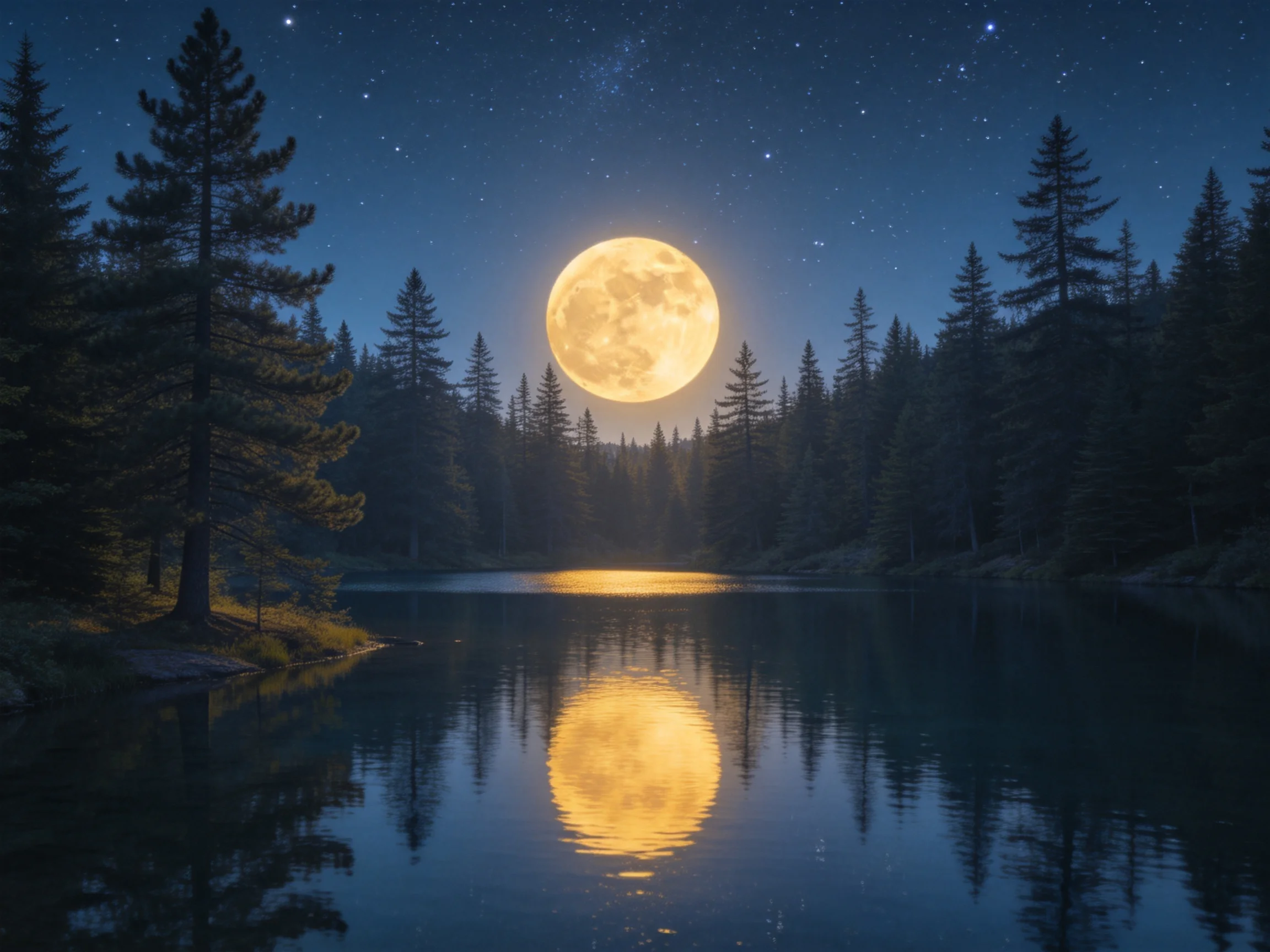 明亮的满月悬挂在夜空，其清晰倒影映照在平静湖面上，周围环绕着高大松树林。