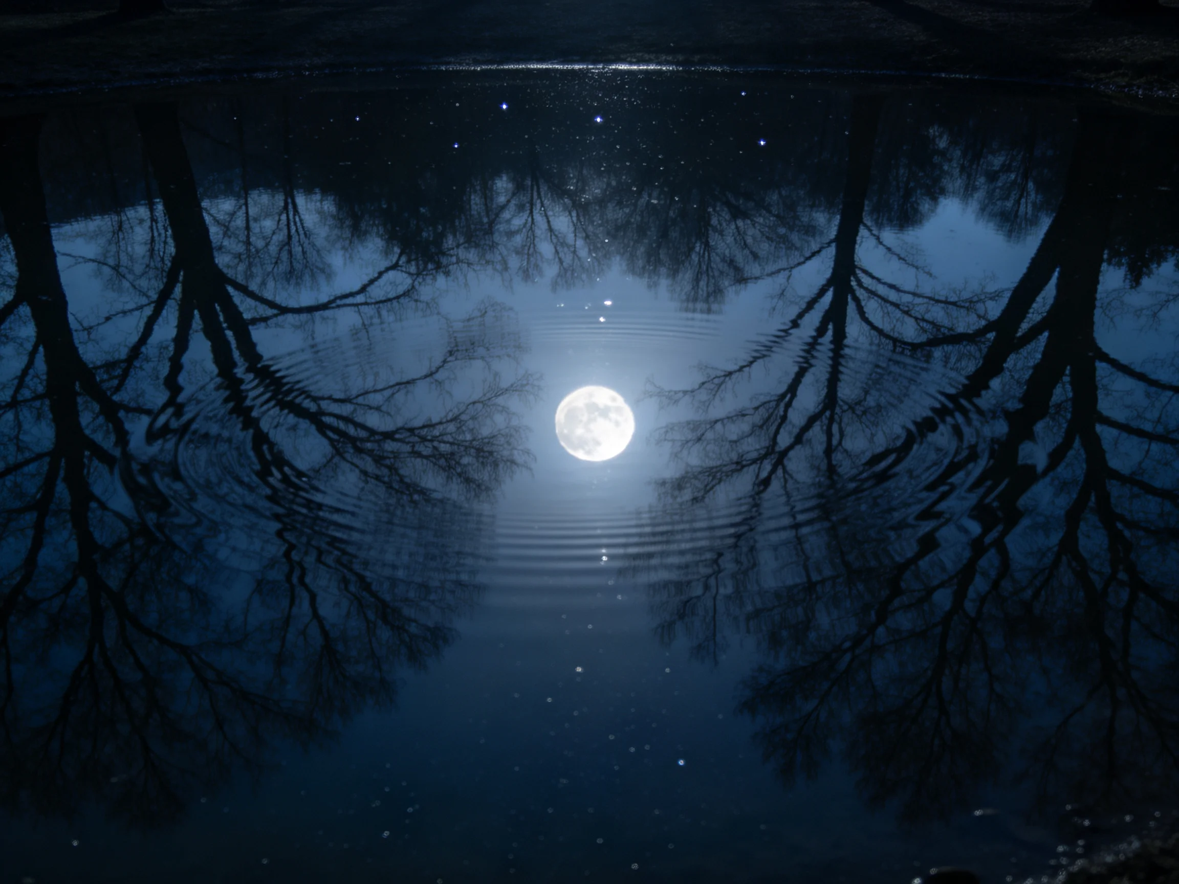 月光倒影森林水域景观,画面中满月的亮光清晰映照在水面上,形成与天空一致的圆形影像,周围树木的黑色轮廓也完整反映在水面上,水面有细微波纹。