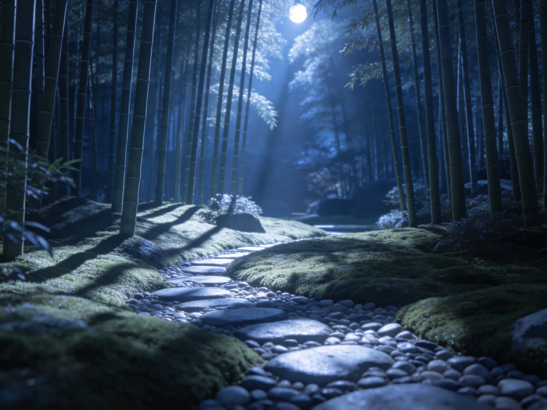 阴暗神秘月光下的竹林步道场景,石板小径上分布着湿润苔藓,月光透过竹枝形成光影效果。