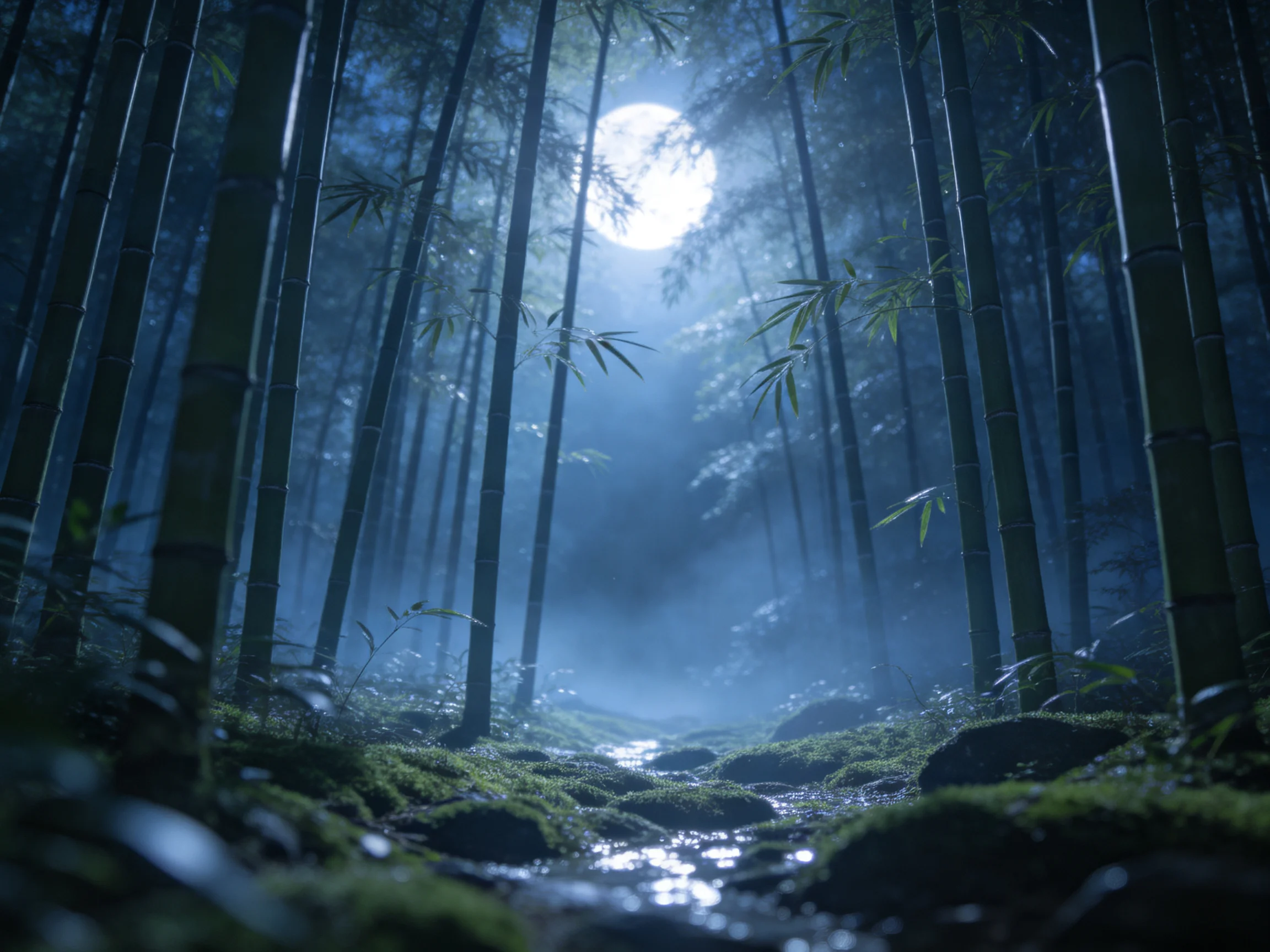 竹林景观中竹竿挺拔直立,地面青苔湿润,月光形成斑驳光影效果。