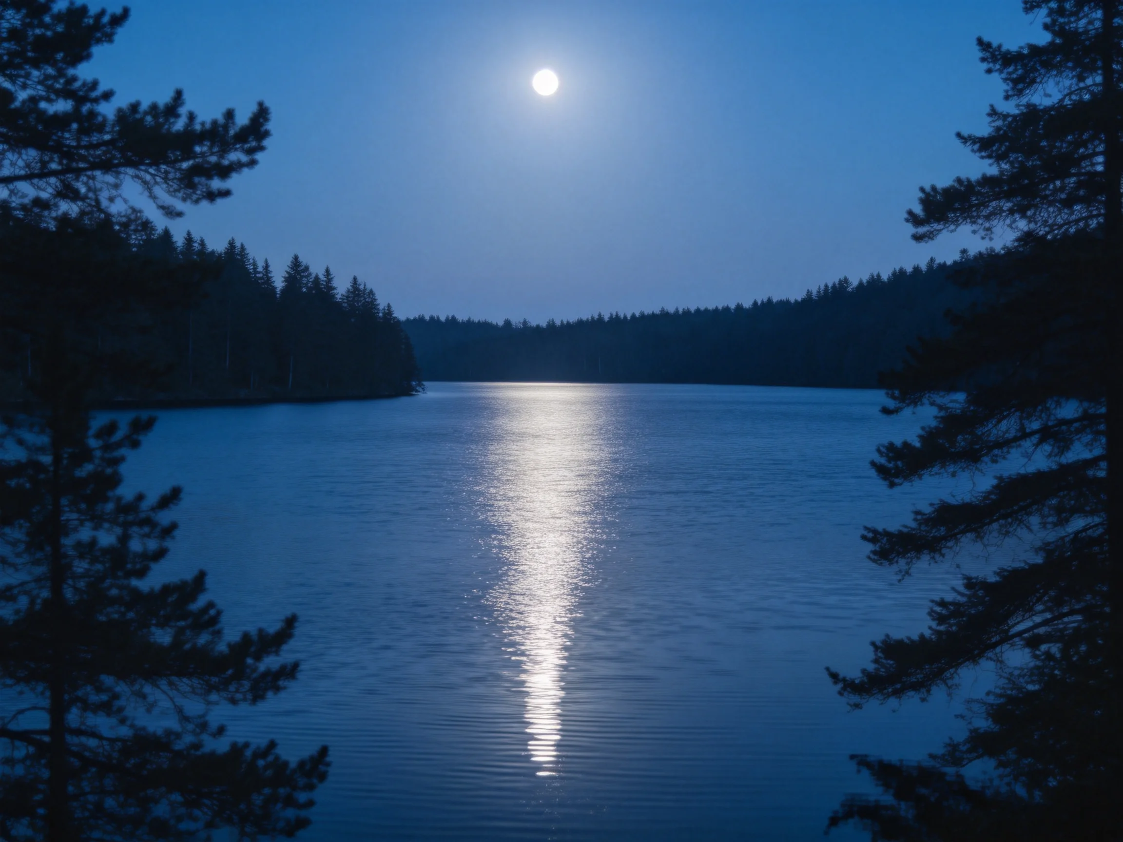 满月在夜空中明亮地闪烁,月光清晰反射在平静的湖面上,形成一条银白色的光带,周围是茂密的森林。