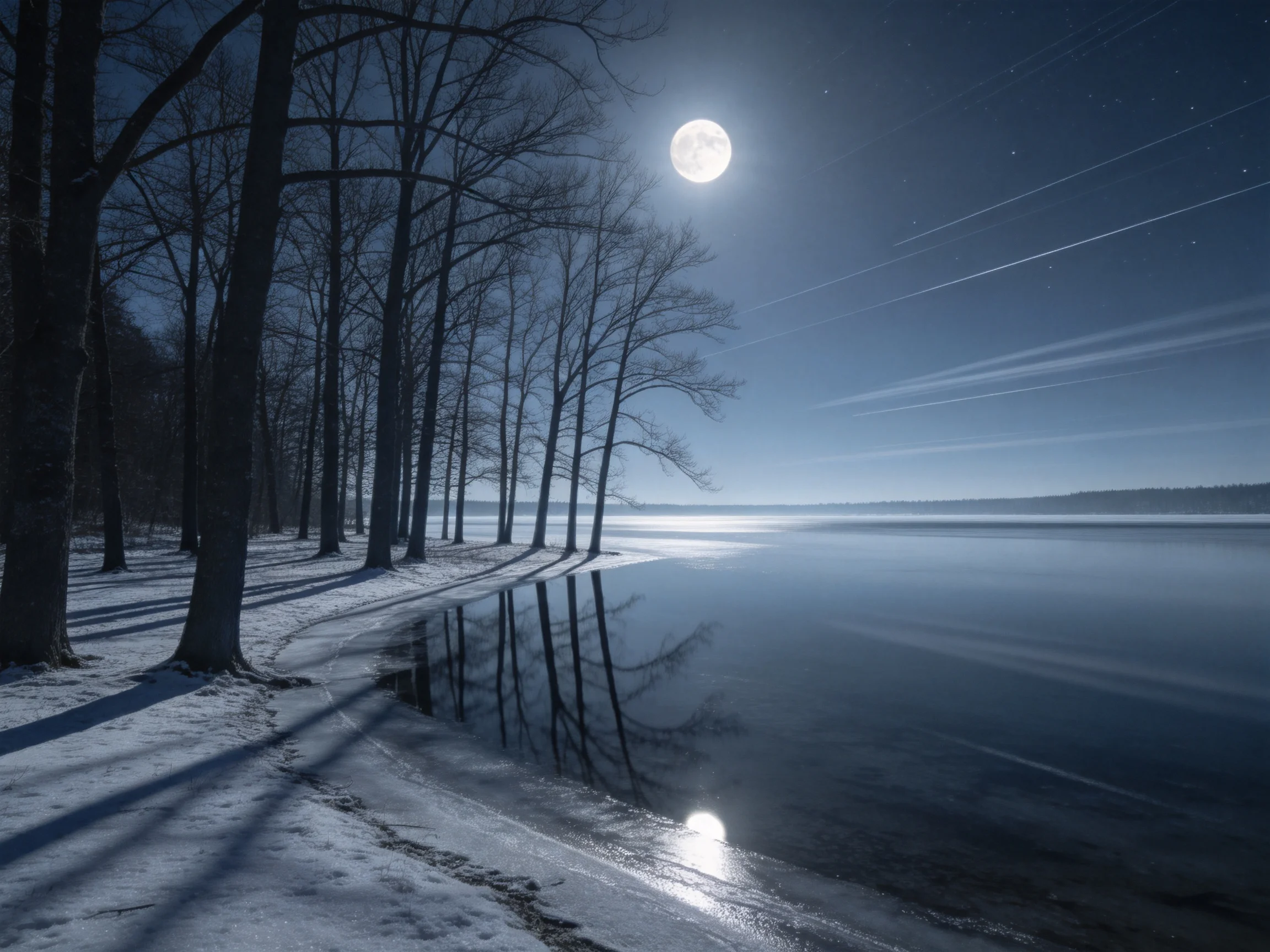 冬季月夜湖岸林景中,无叶树木的黑色枝干与雪地和月光形成鲜明对比,湖面倒影清晰呈现。