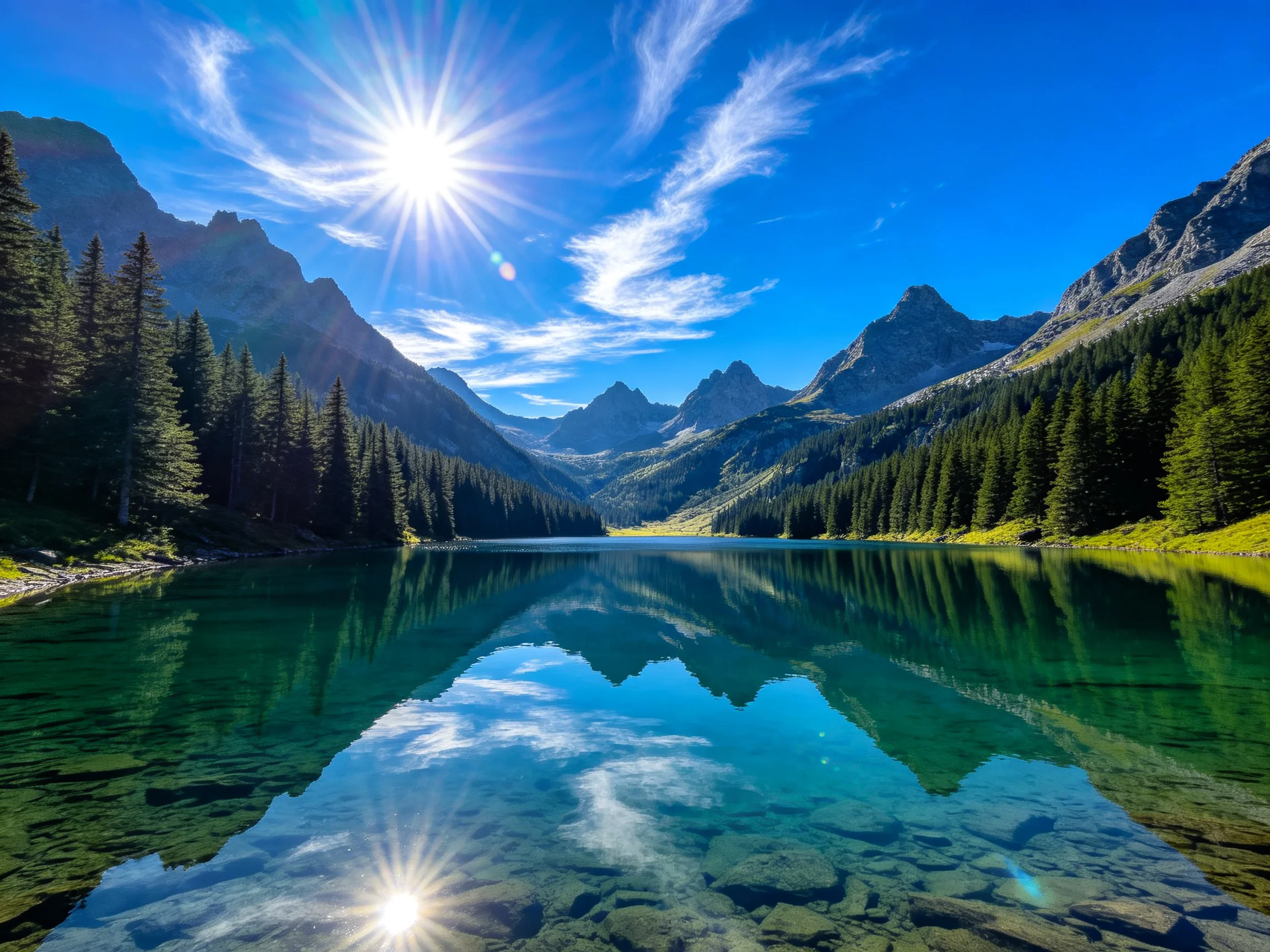 高山森林湖泊倒影景观中,清澈的湖水呈现出碧绿色,湖面如镜面般反射出天空和山脉的影像。