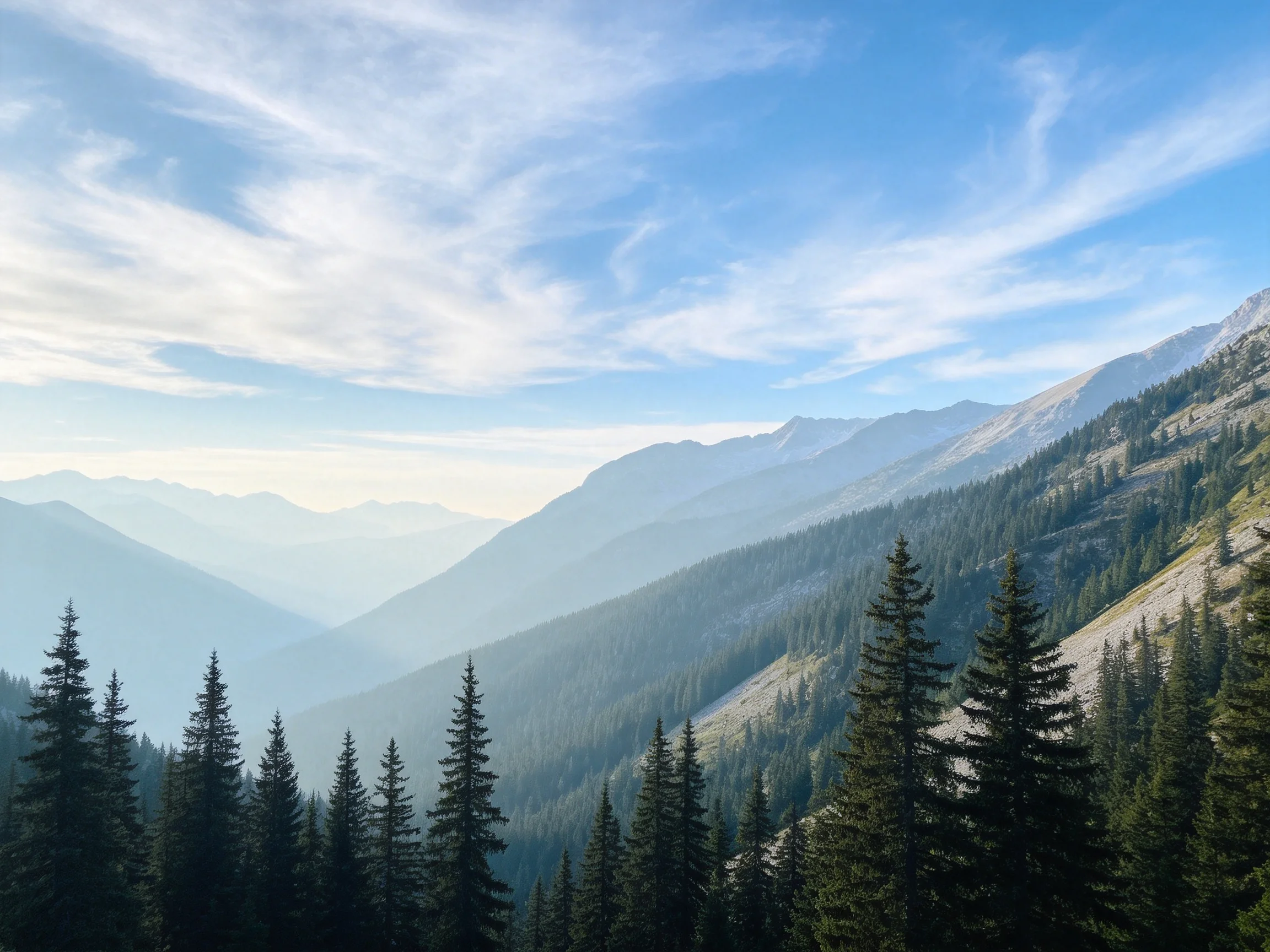 山地森林景观中,茂密针叶林的枝干纹理清晰,远处山峦在薄雾中若隐若现,天空呈现清澈蓝色。