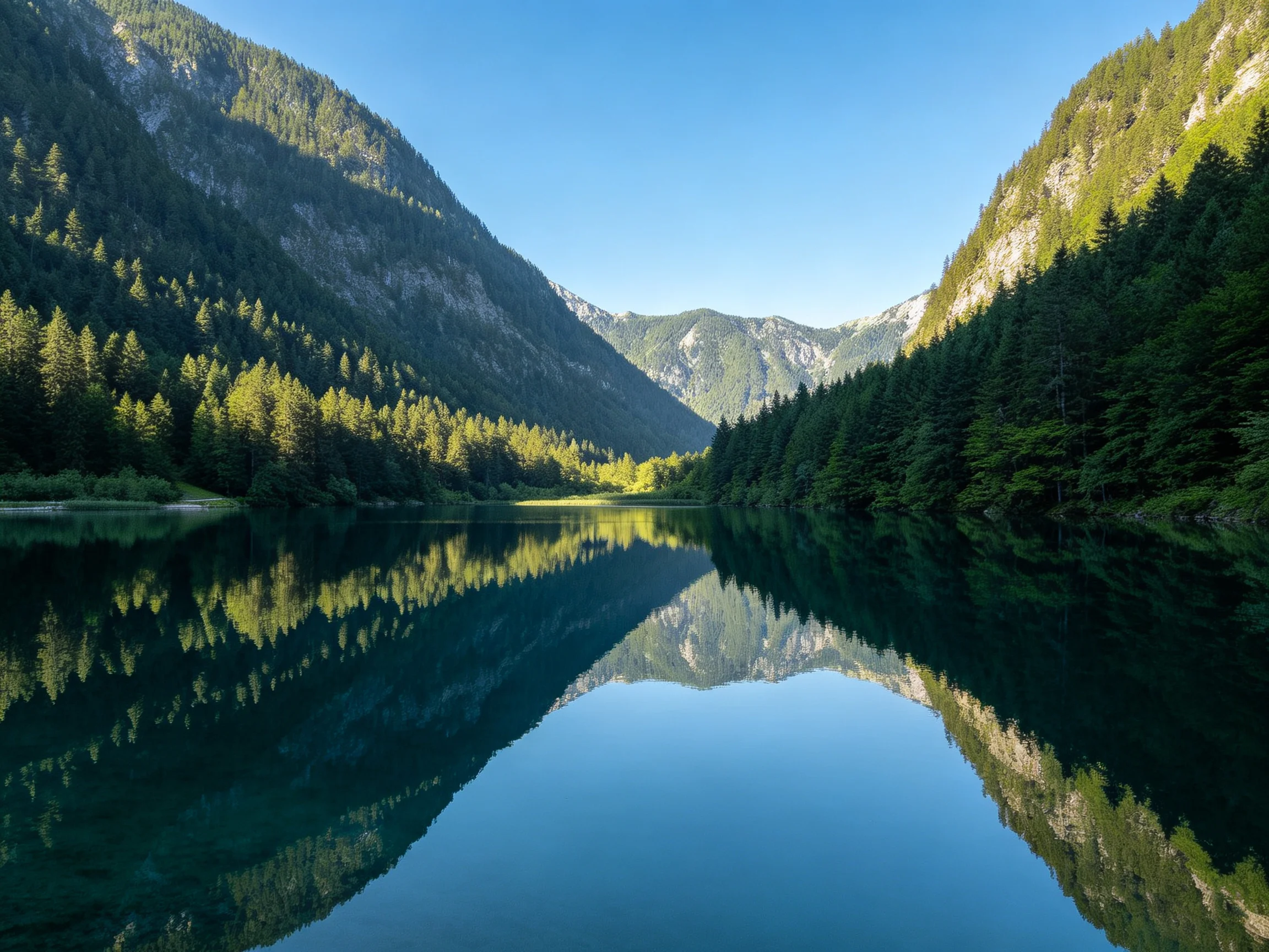 山林湖泊景观里,湖水清澈平静,将周围的森林和山峰完整地反射在水面上,形成清晰的对称倒影。