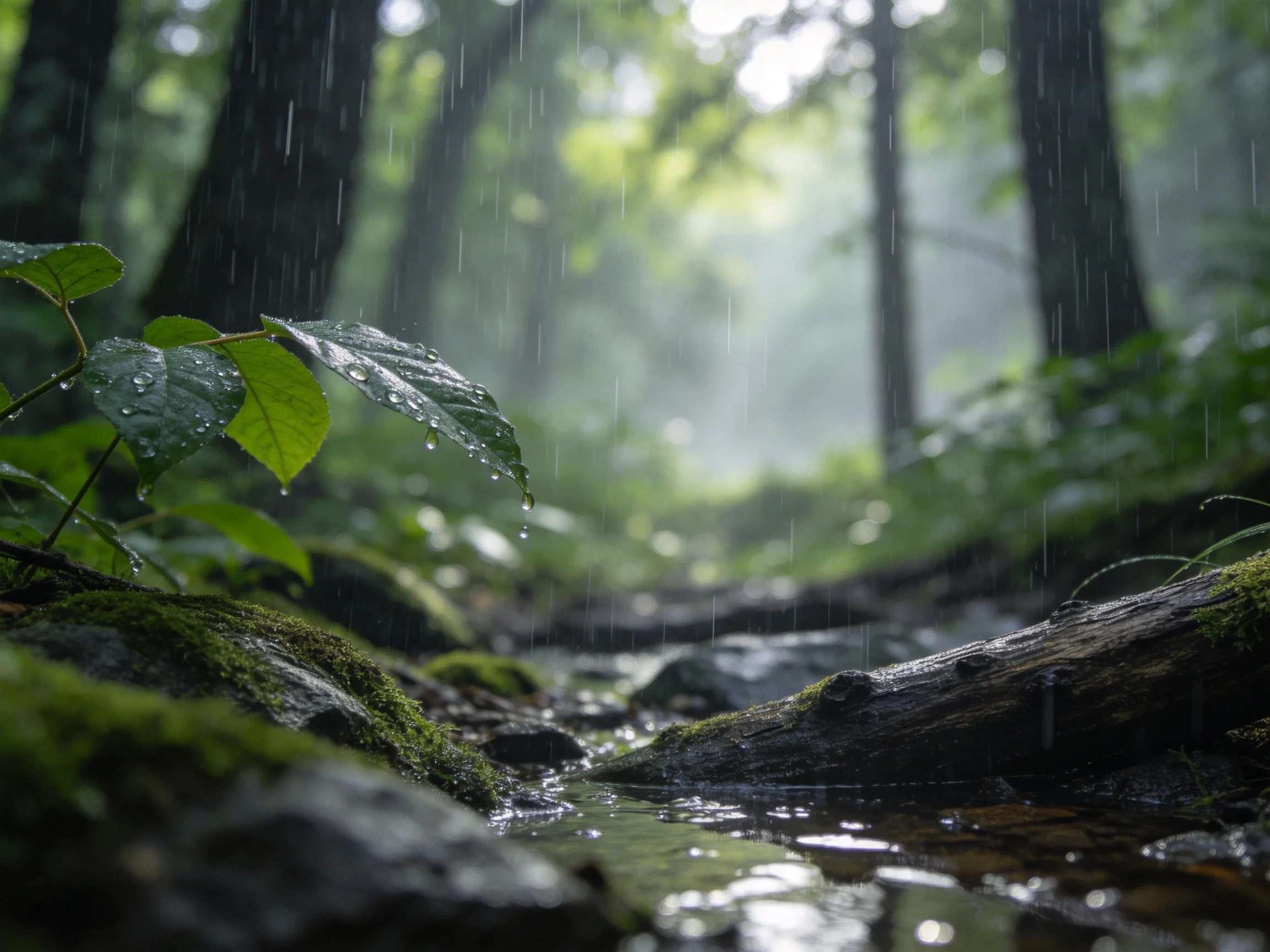 雨中森林溪流景象里,翠绿叶片上的水滴清晰可见,溪水在石块间缓缓流淌。