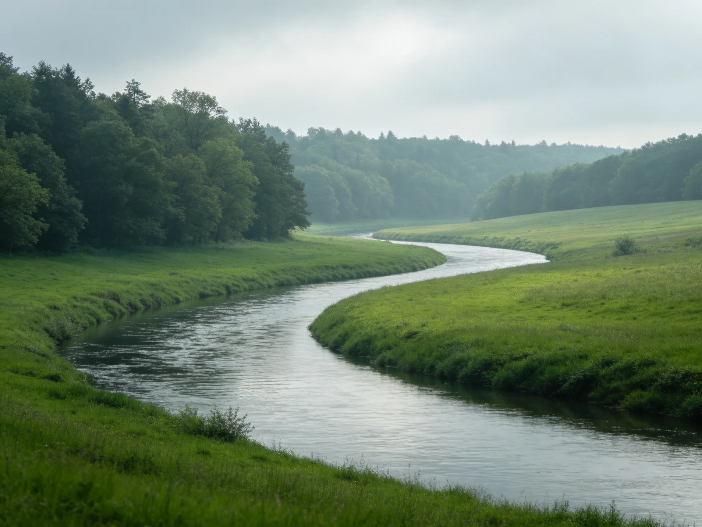 雾中蜿蜒河流景观,水面光滑泛着银灰色光泽,两岸茂密树林与草地相映成趣。