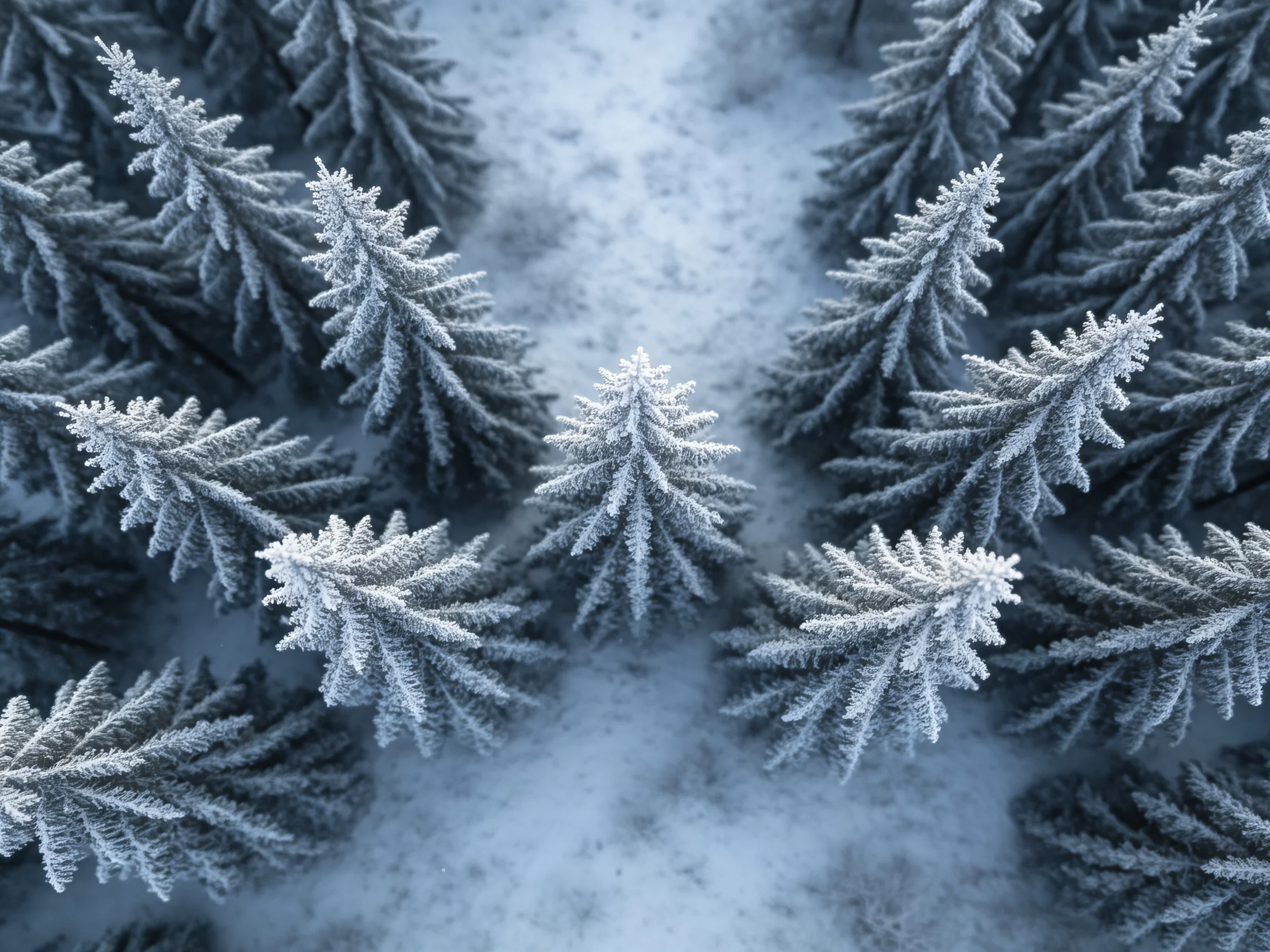 雪松枝桠被银白雪覆盖,呈现出清晰的针状结构,树枝分布错落有致。