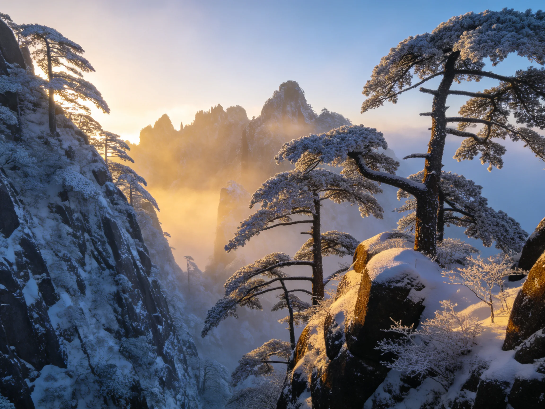 黄山雪景中松树枝桠挂满积雪，阳光照亮了雪面与松枝的纹理。
