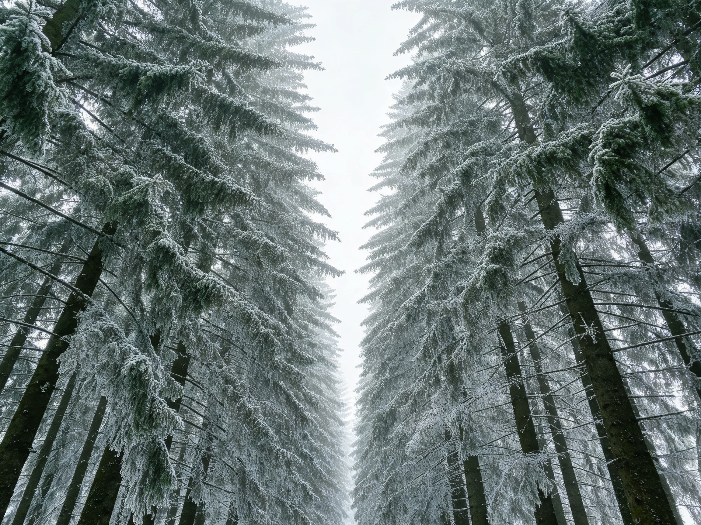 雪松枝桠上积满晶莹雪晶，树干笔直挺拔，展现冬日森林的雪景风貌。