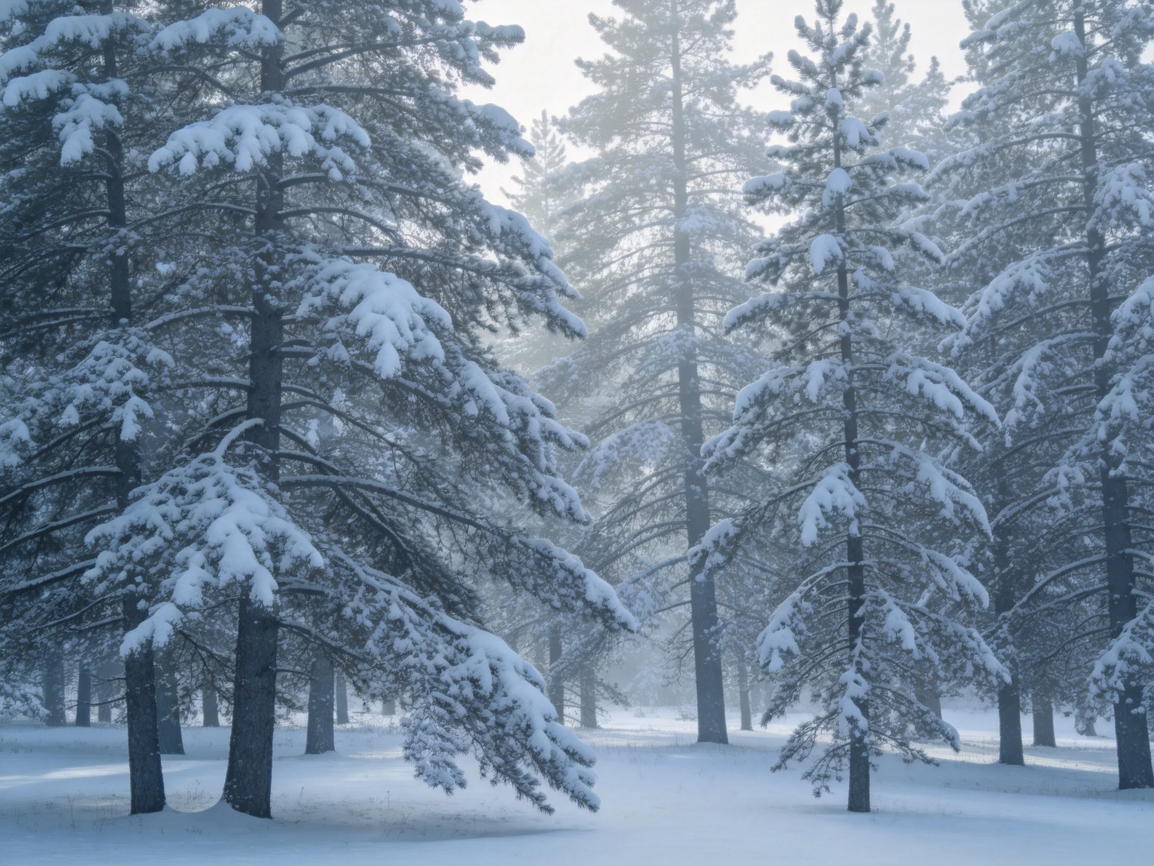 雪松树上覆盖着厚厚的积雪,树枝因积雪而微微下垂,远处树木在雾气中显得朦胧不清。