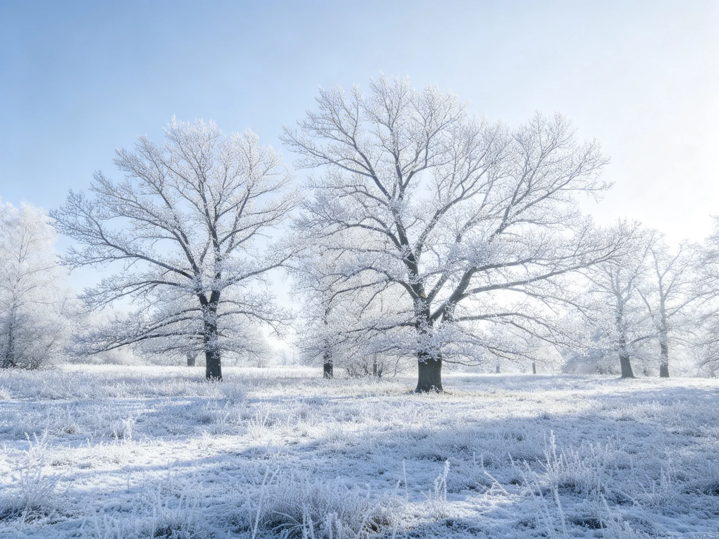 霜覆古橡林的枝桠上布满晶莹冰晶,树干呈深褐色,周围是被白雪覆盖的开阔林地。
