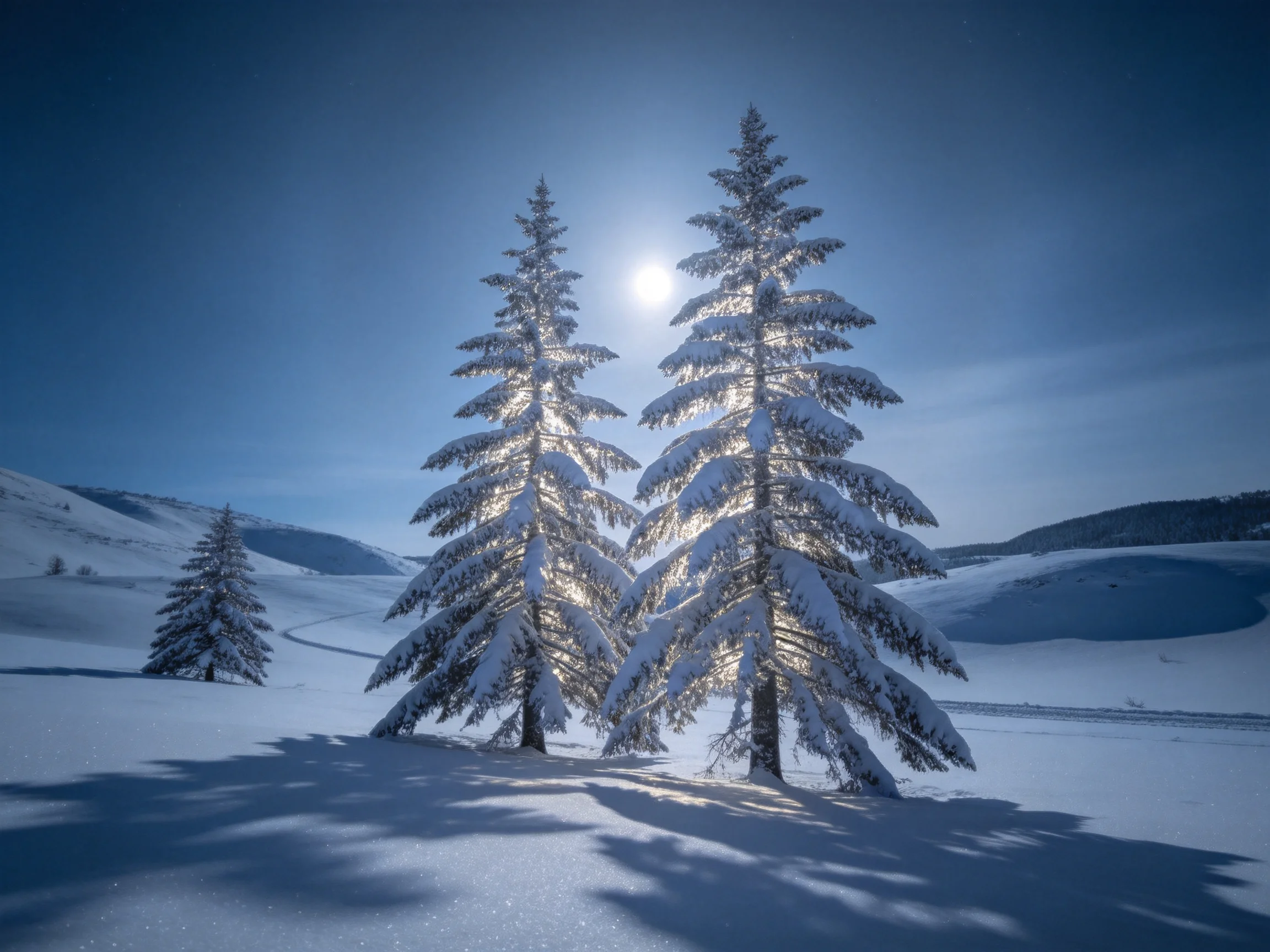 雪松枝桠上挂满厚雪,深绿色枝干与白色积雪形成鲜明对比,阳光透过枝叶形成斑驳光影。