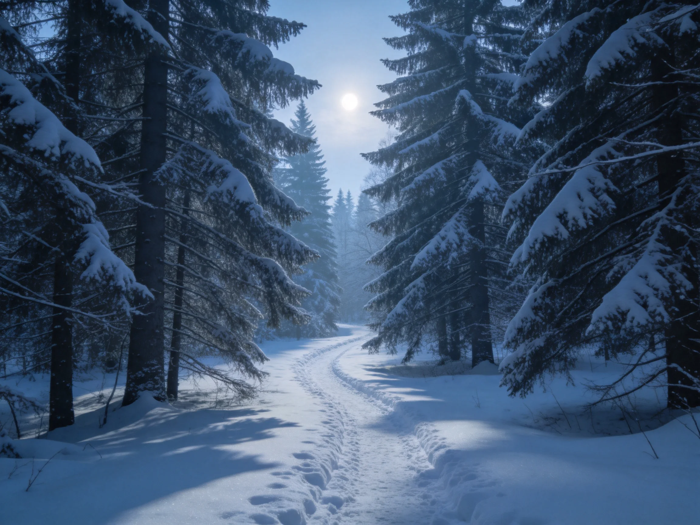 雪松林冬日雪地步道场景,画面中有被雪覆盖的高大雪松和带有脚印的雪道。