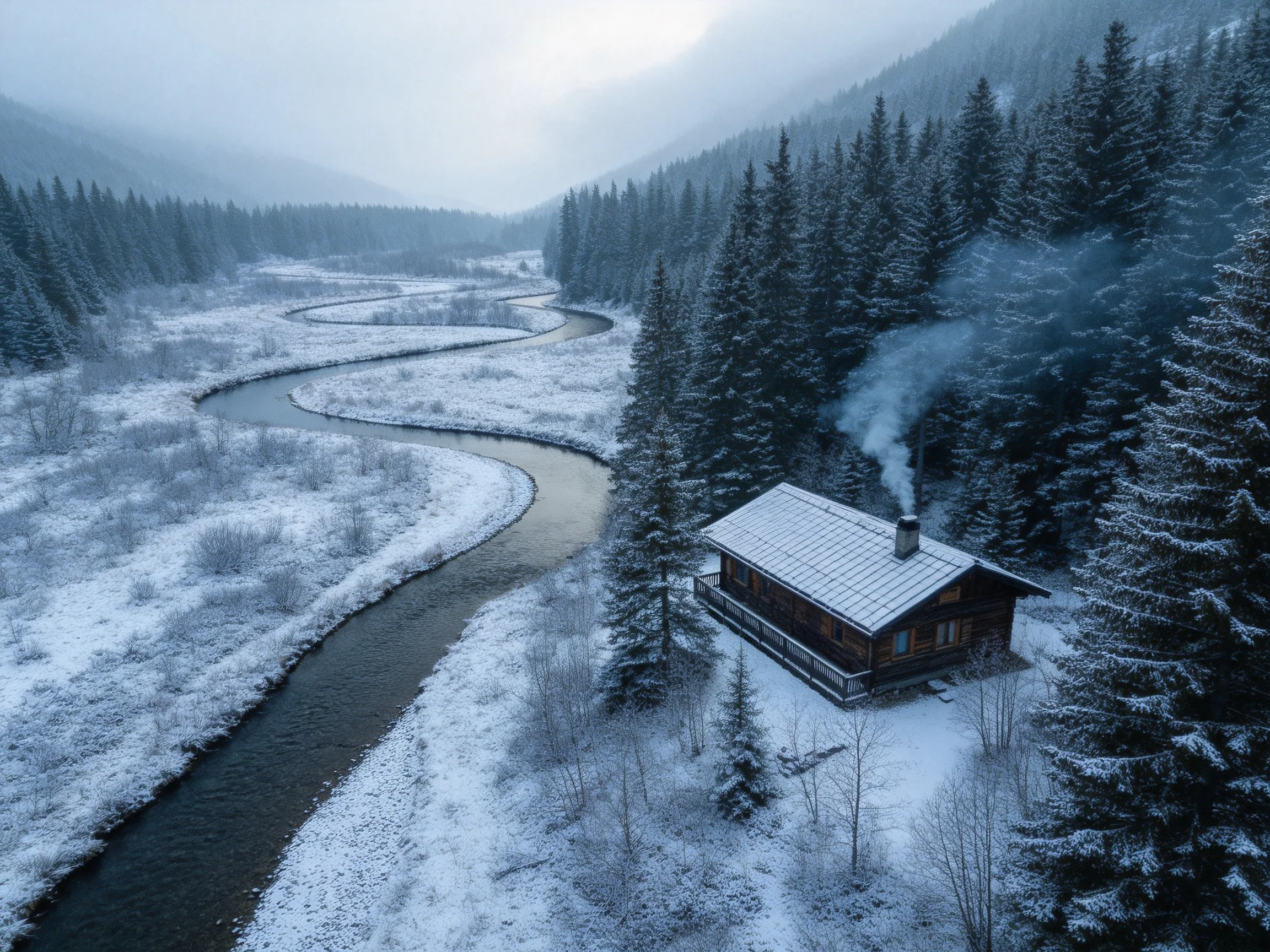 雪地森林溪流旁的木屋景观，木屋屋顶覆满积雪，烟囱飘出淡淡白烟。