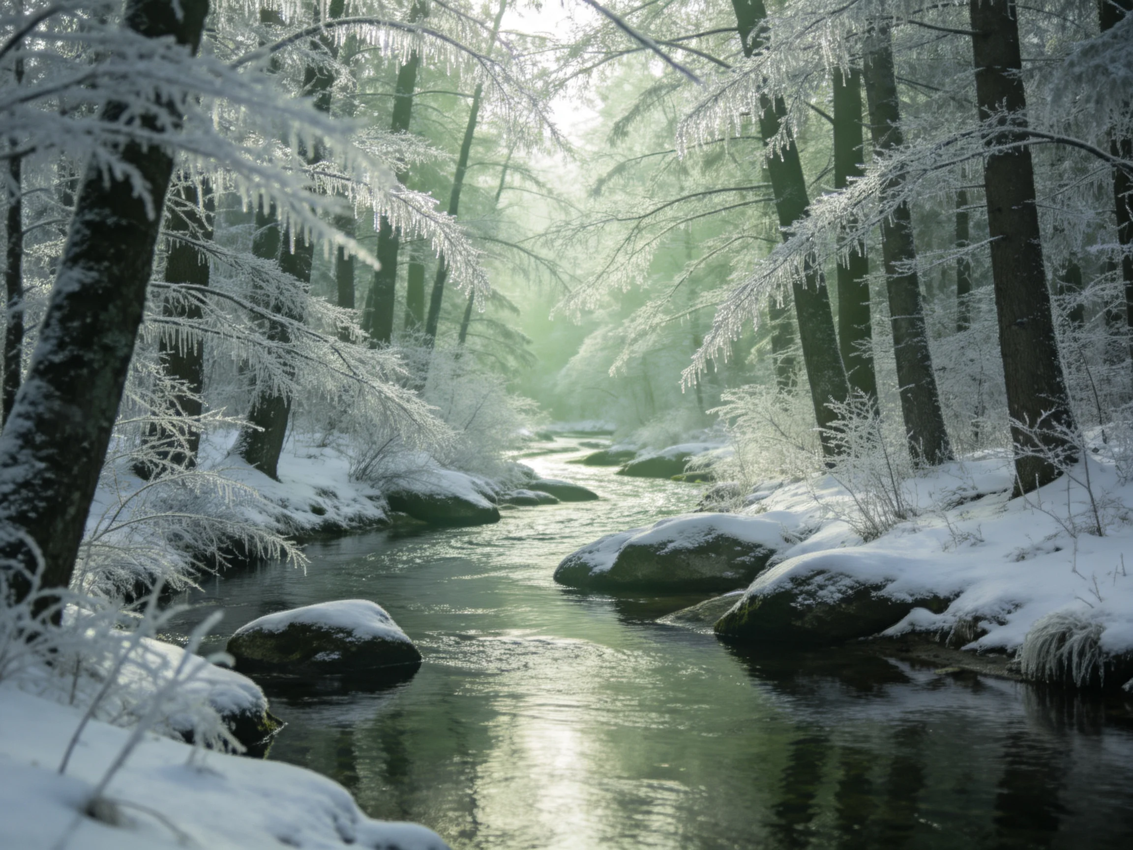 冬季溪谷雪景中,覆有冰霜的树木与溪水相映成趣,溪面泛起波纹,岩石上的积雪洁白柔软。