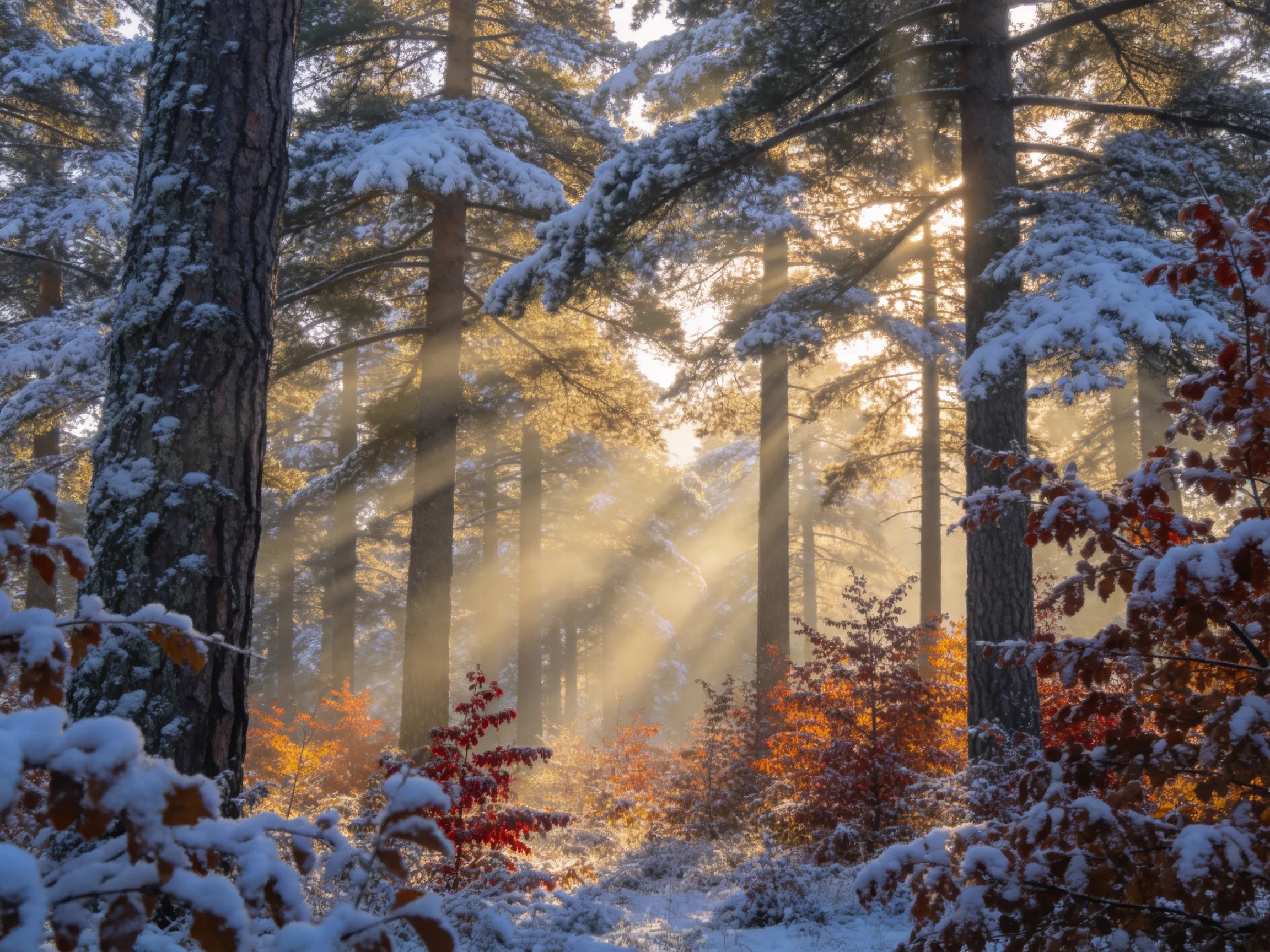 雪覆松林的晨光景象中,阳光形成光束穿过树枝,松树树干粗壮且布满积雪,红褐树叶在白雪背景下清晰可见。