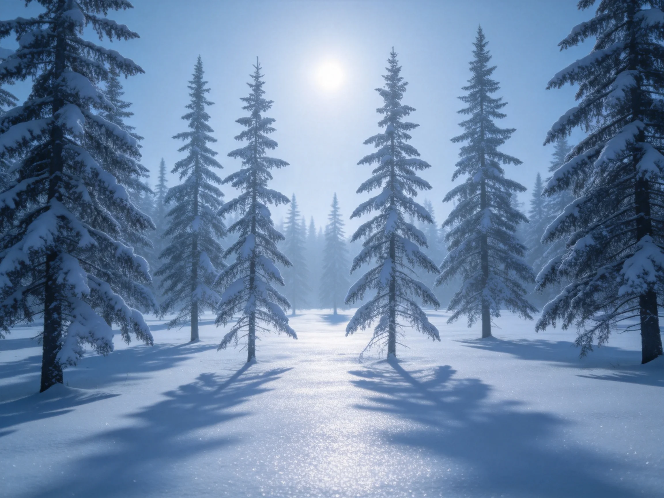 阳光下雪松林的雪景,洁白的积雪覆盖在深绿色针叶的松树上,雪地反光清晰可见。