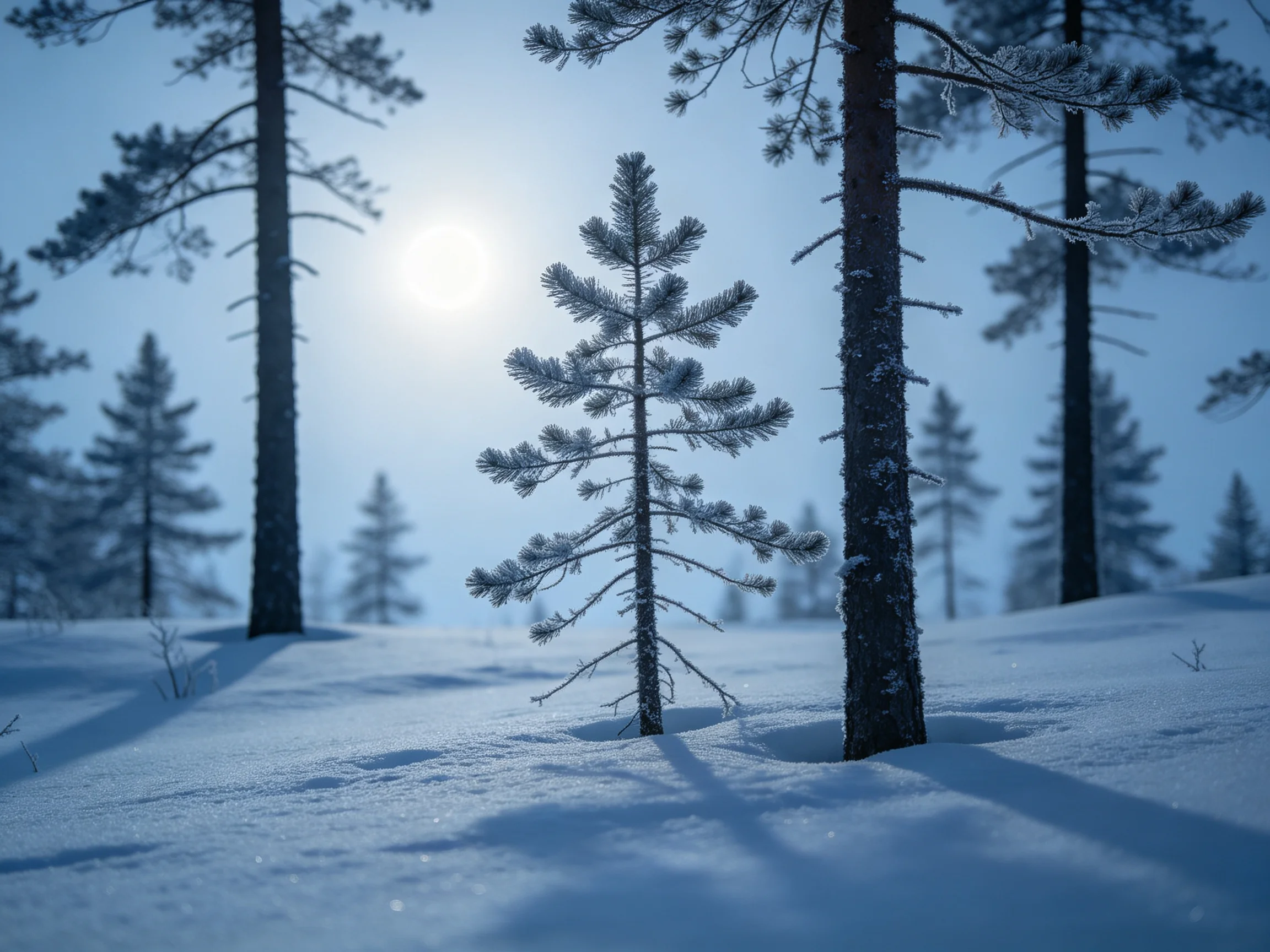 画面中央一棵霜覆的小型雪松幼苗矗立在雪地上,周围高大树木形成层次空间,阳光投射下清晰阴影,针叶呈淡蓝绿色。
