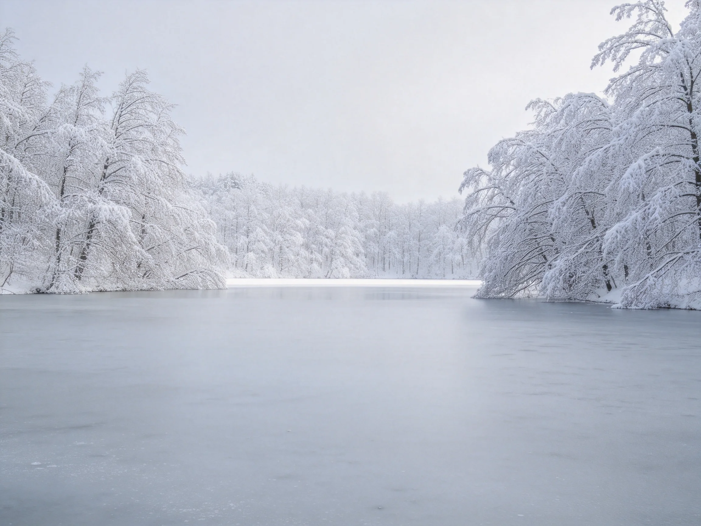 冬季雪覆森林冰湖景观中，两岸树木被积雪压弯枝桠，湖面冰层平整，整体呈现银白色调。