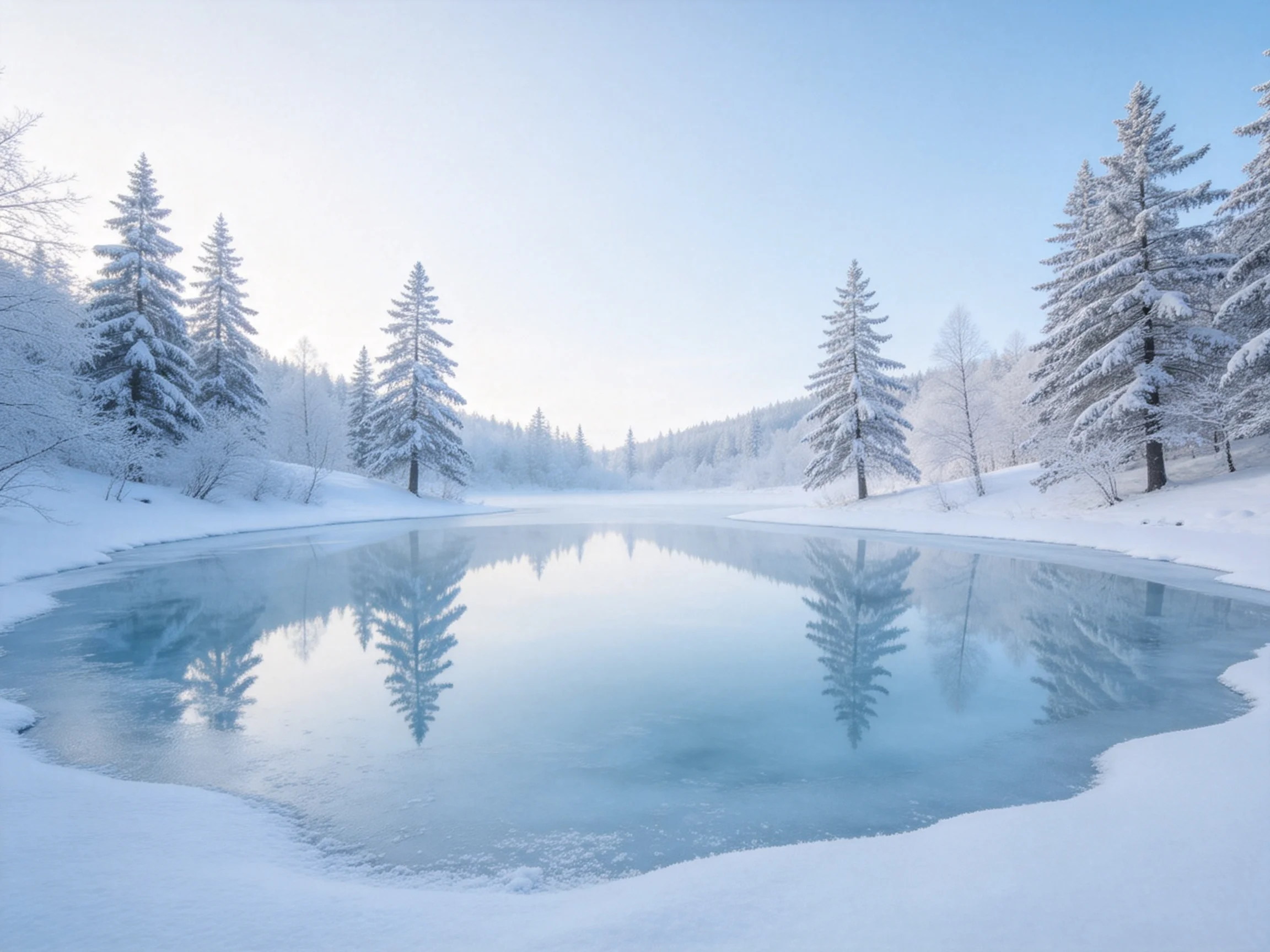 雪松环绕的冬季冰湖景观中,湖水清澈平静,倒映着被白雪覆盖的针叶树,呈现出纯净的白色与淡蓝色调。
