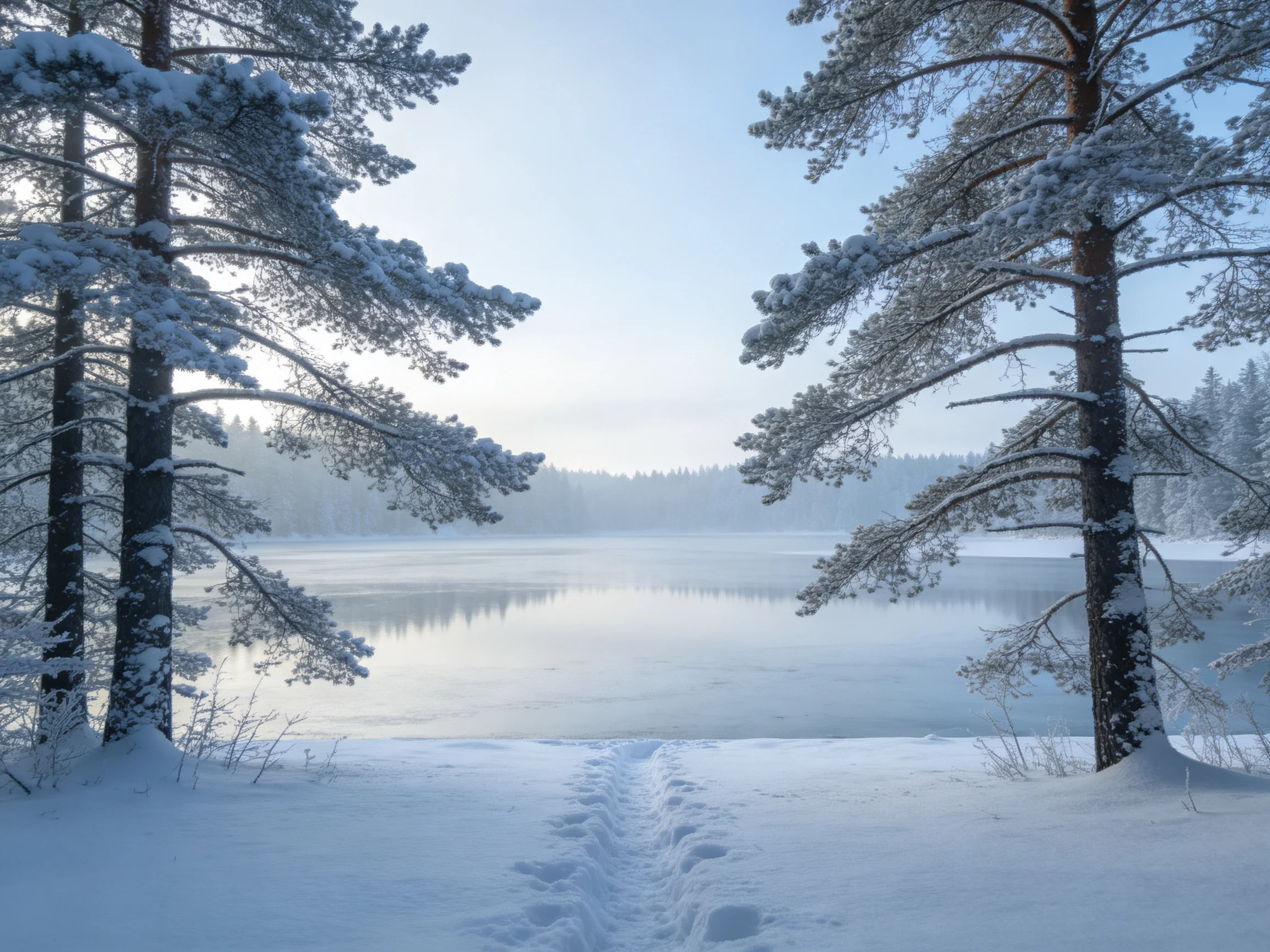 雪松林湖景中,两棵雪松矗立,枝桠挂满积雪,湖面有脚印通向结冰的湖面,空气寒冷干燥。