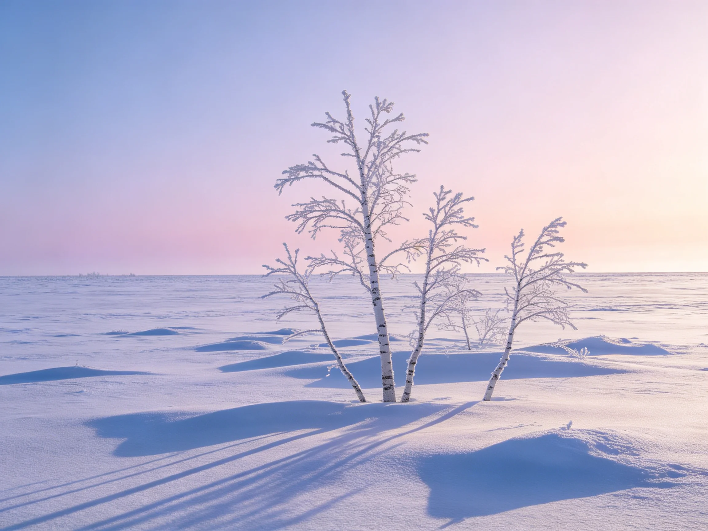 几棵覆霜的白桦树在广阔雪原上,树枝被冰霜包裹呈银白色,在阳光下闪烁晶体光泽。