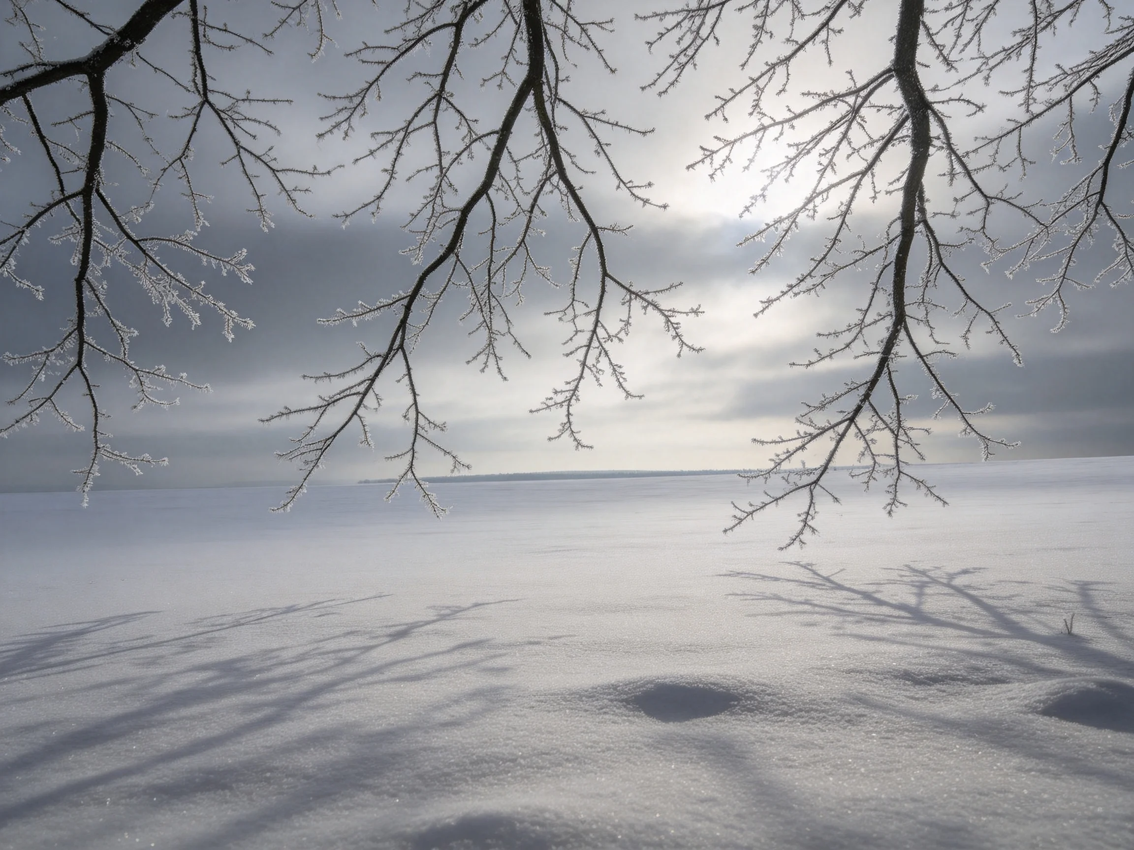霜雪覆盖的树枝上布满透明的冰晶,在光线映照下呈现出清晰的纹理结构。