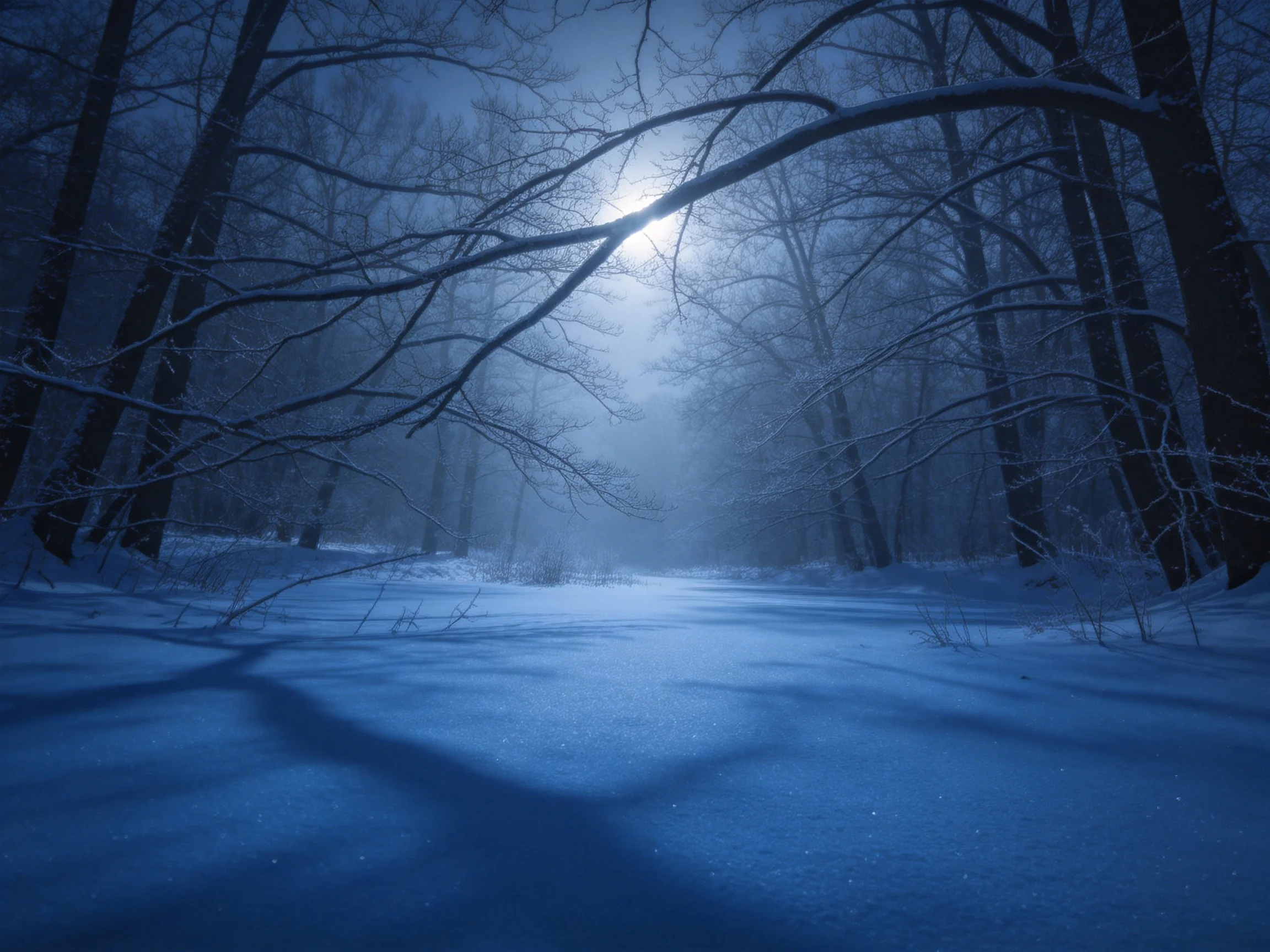 雪夜森林雪景月光下的雪地景观,地面被纯净白雪覆盖,月光透过枝桠形成斑驳光影,树枝上积有薄雪。