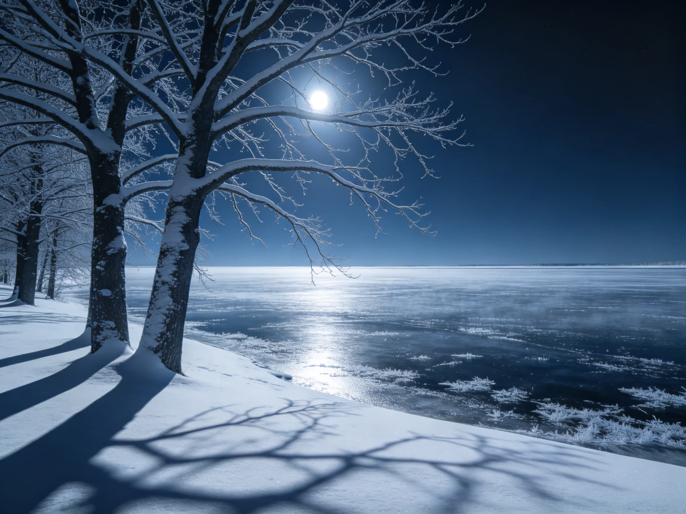 月夜下积雪的古树枝桠投下清晰的阴影,月光照亮了冰面与雪地,展现出冬季湖边的景象。