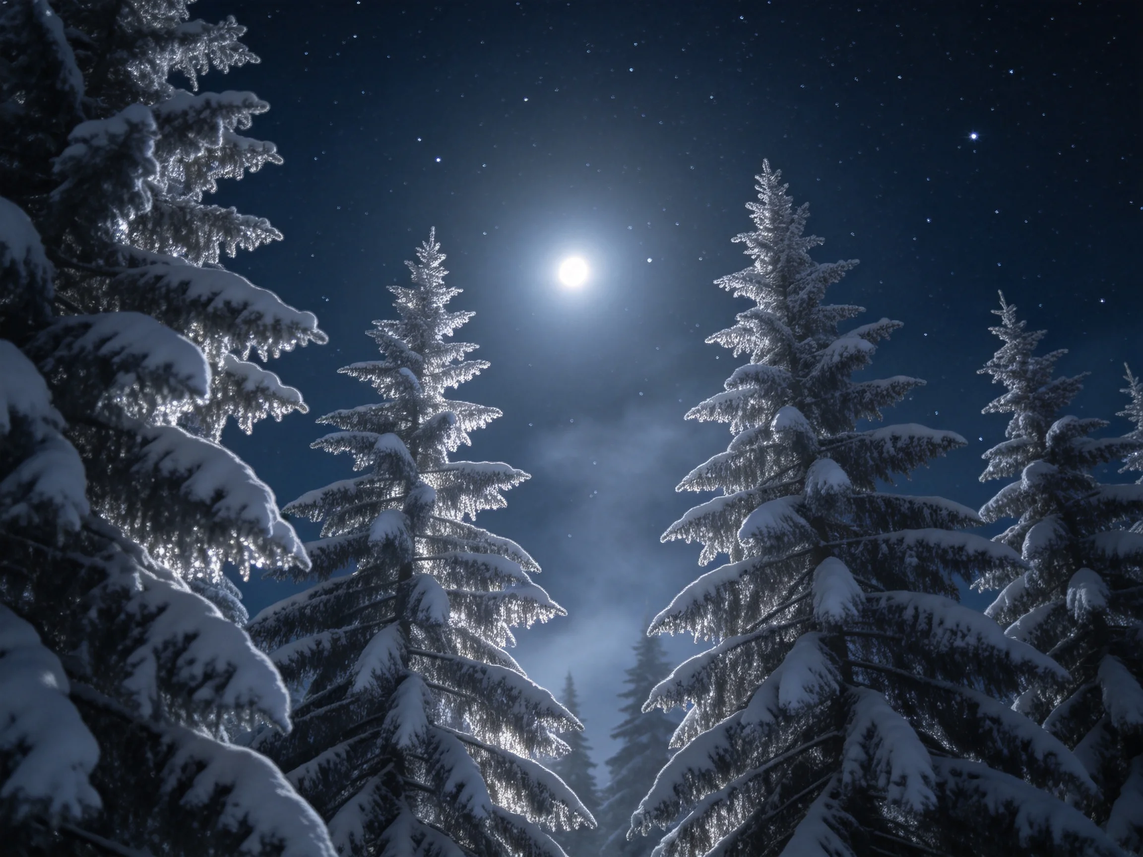 雪松枝桠上覆盖着洁白的积雪,在月光下呈现出清晰的白色纹理。