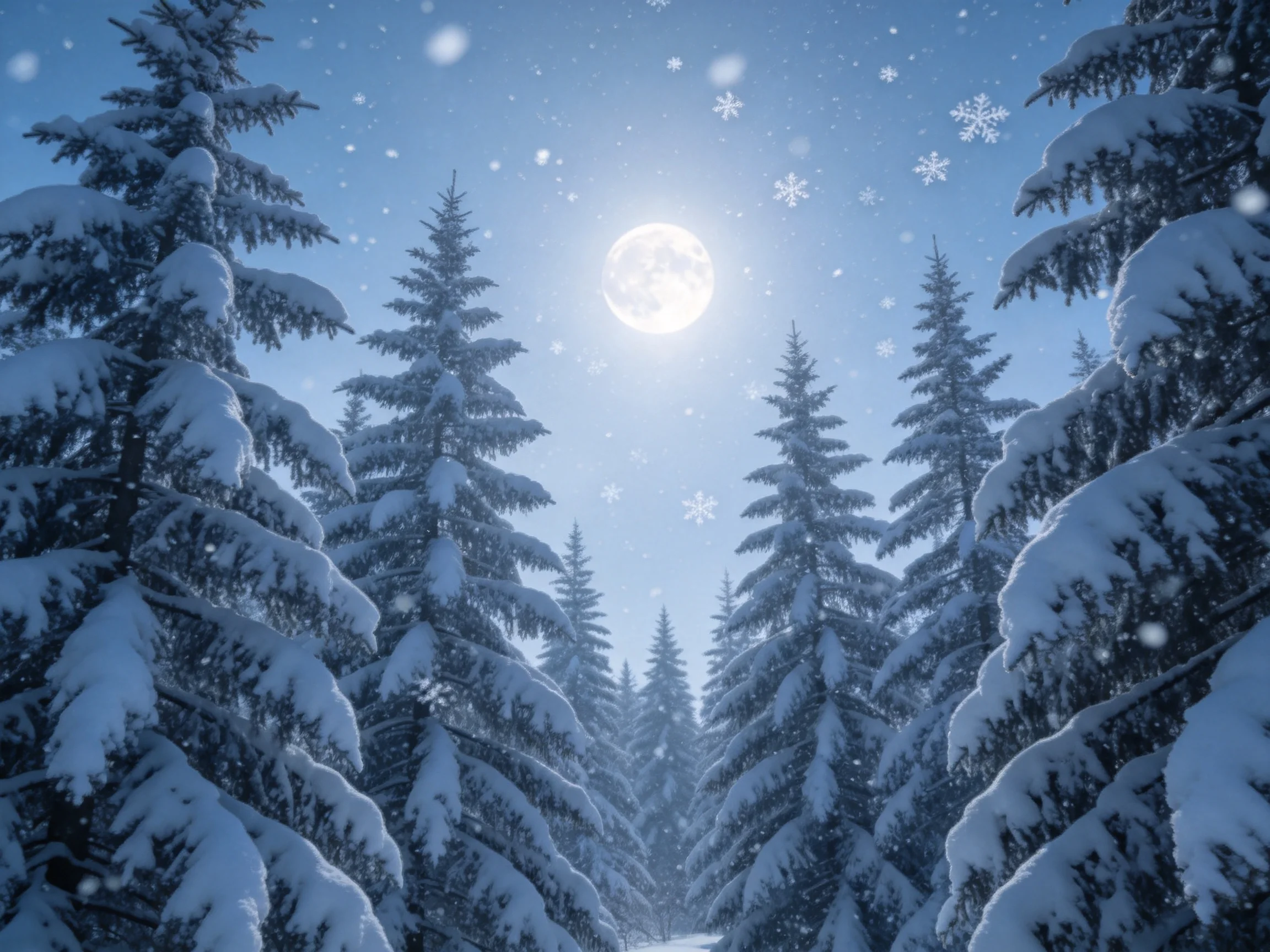 雪夜松林中,月光照亮了被白雪覆盖的常绿树木,雪花在空中飘落,树枝上的积雪呈现出洁白色。