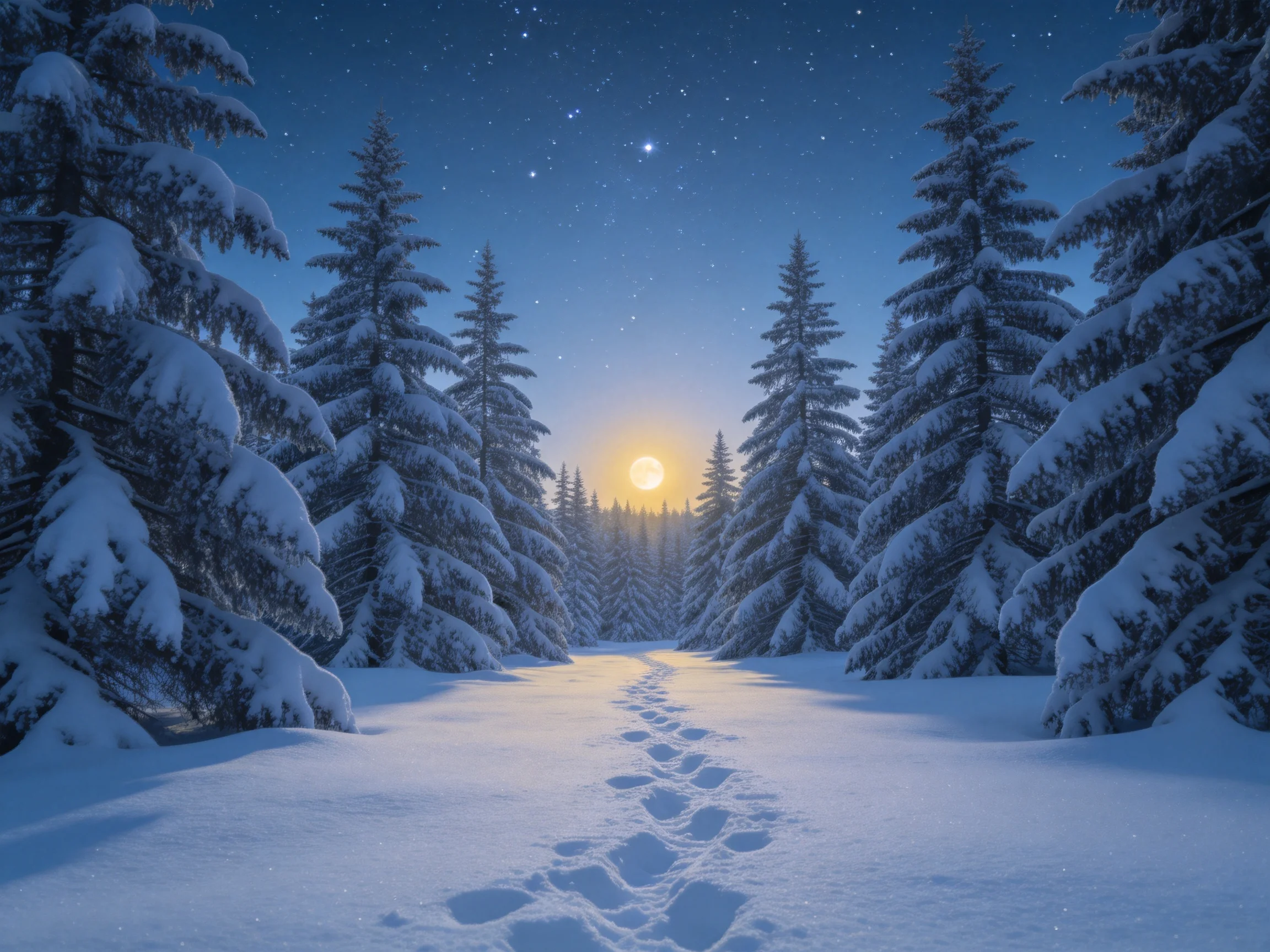 霜夜松林雪径月光景象,地面有清晰脚印延伸至远方,月光照亮雪面呈现银白光泽,星空点缀夜空。