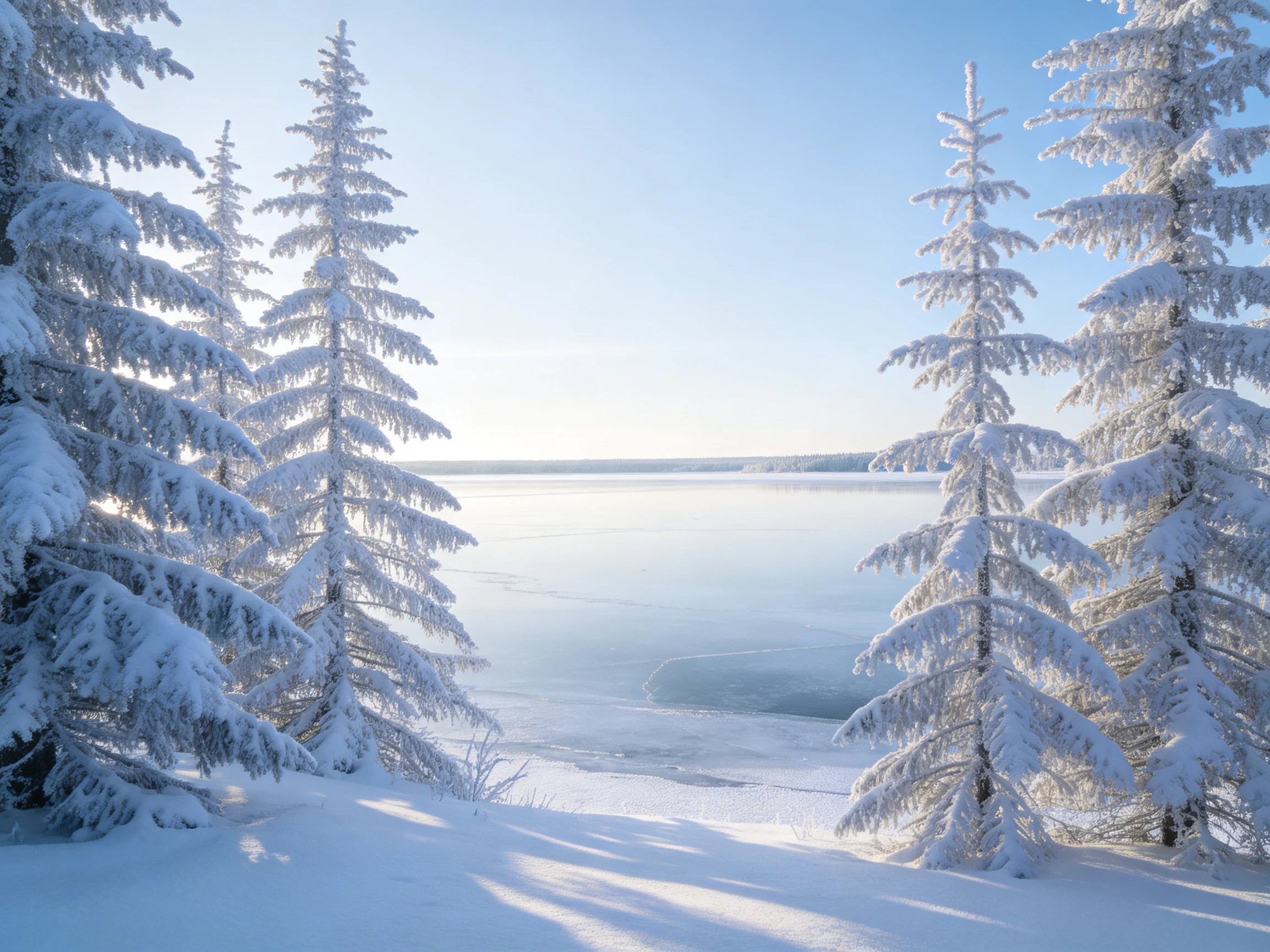 雪地针叶林中,高大常绿树的枝桠被厚雪覆盖,枝条上的积雪洁白蓬松,在阳光下呈现出清晰的纹理。