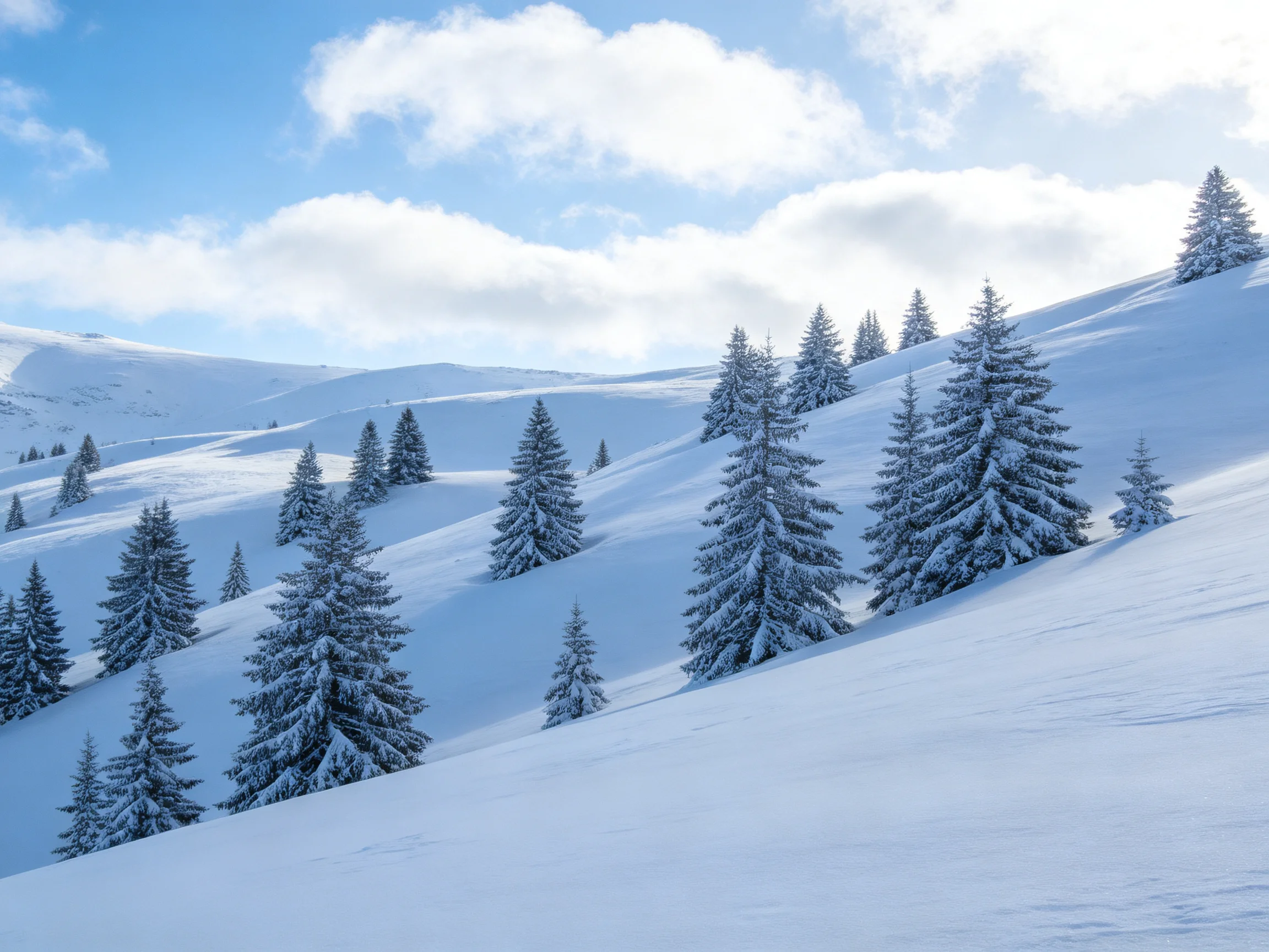 雪松覆雪的山坡冬日风光中,深绿色雪松与洁白积雪形成鲜明对比,树枝上的积雪清晰可见。