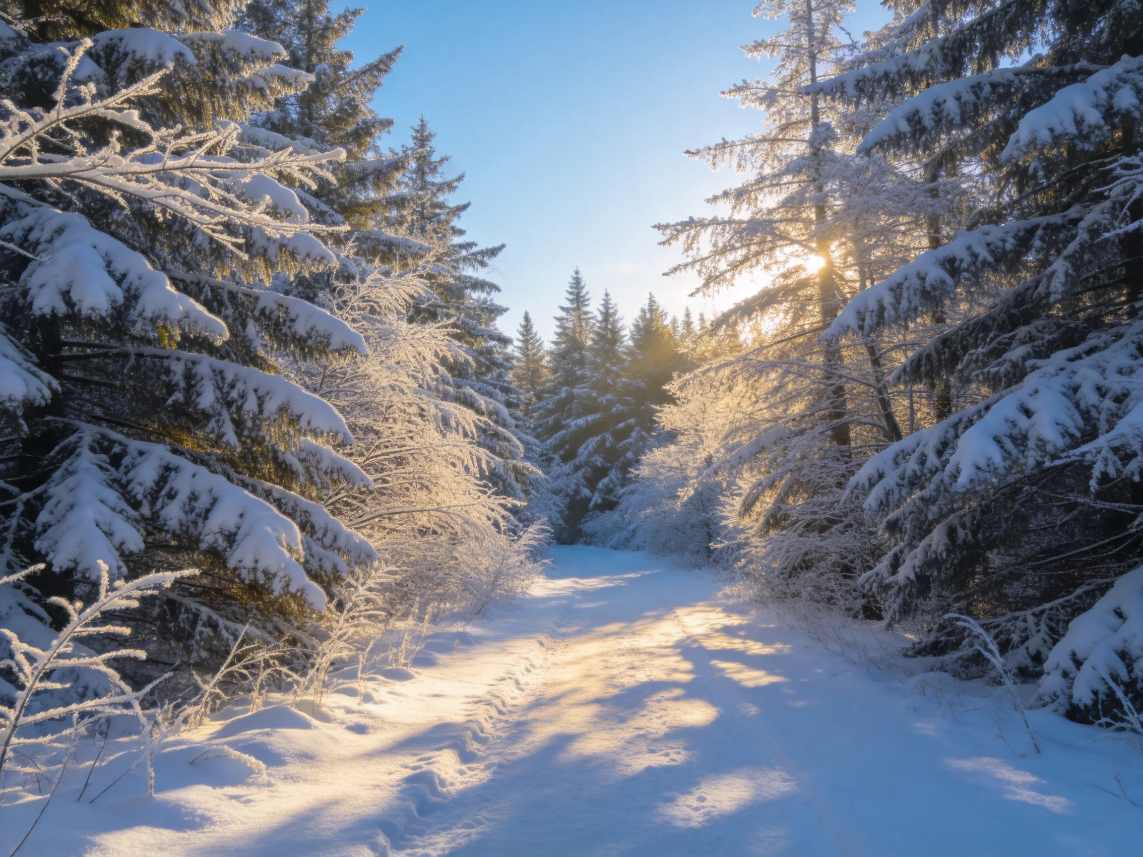 雪覆针叶林小径上,阳光透过树枝在雪地形成斑驳光影,针叶树上积满蓬松白雪。