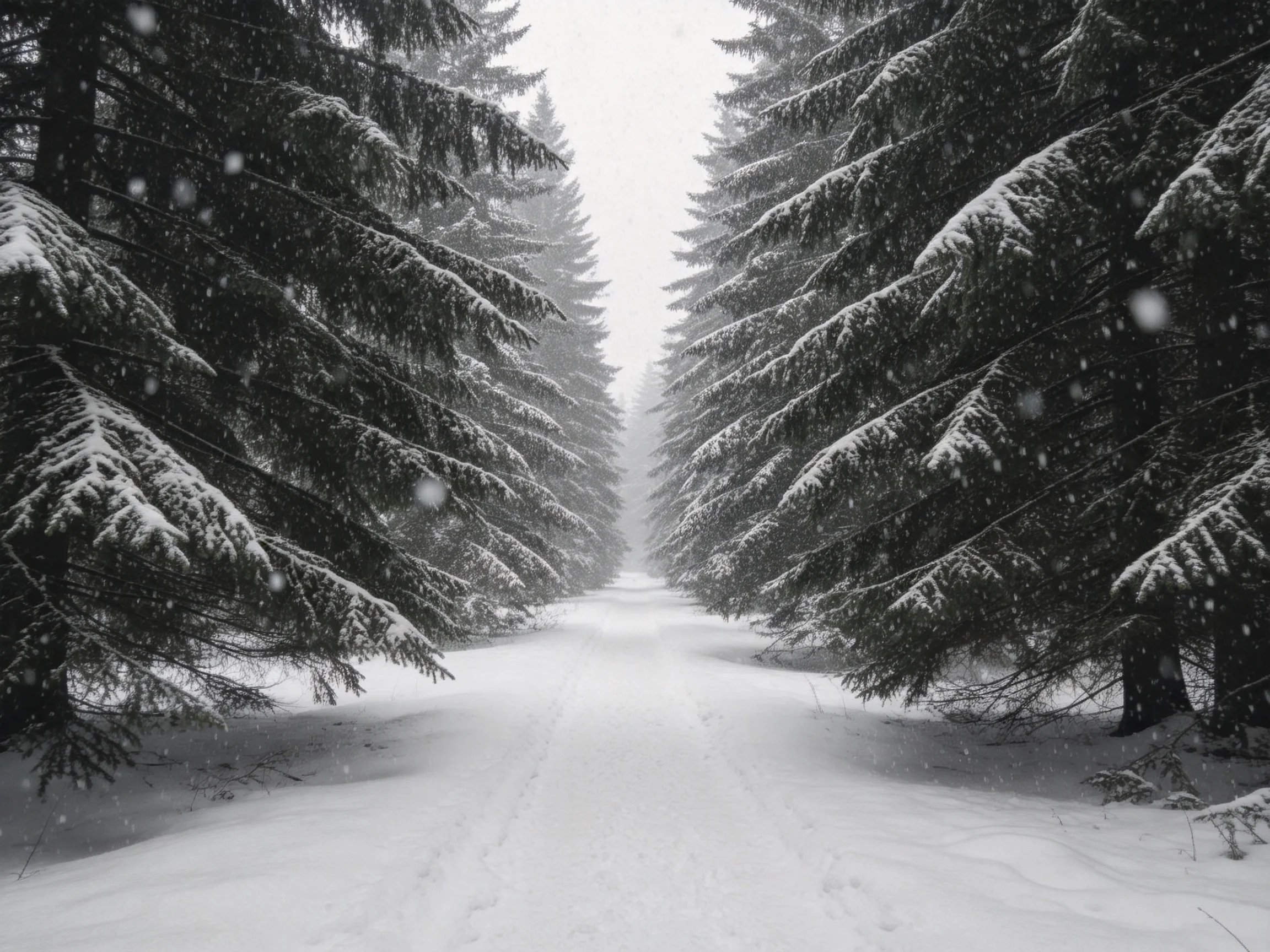 雪松林冬日积雪林间通道场景,画面中雪松枝桠挂满蓬松积雪,地面被纯净白雪覆盖,空中雪花飘落。