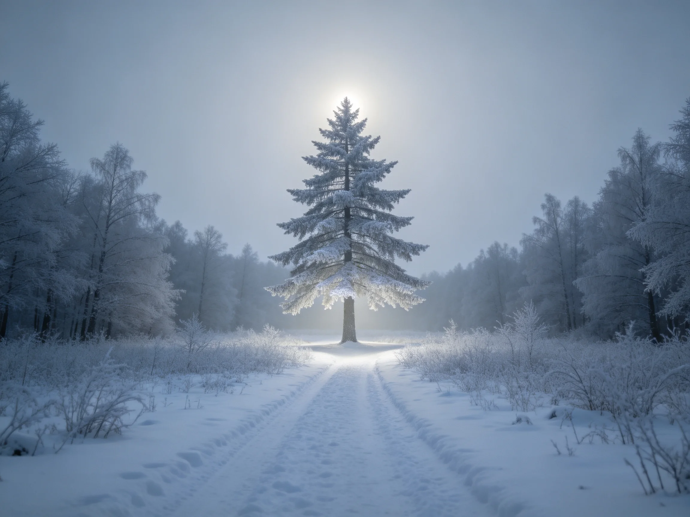雪松树上挂满晶莹冰晶,在晨光下呈现出洁白纹理与透明冰层。