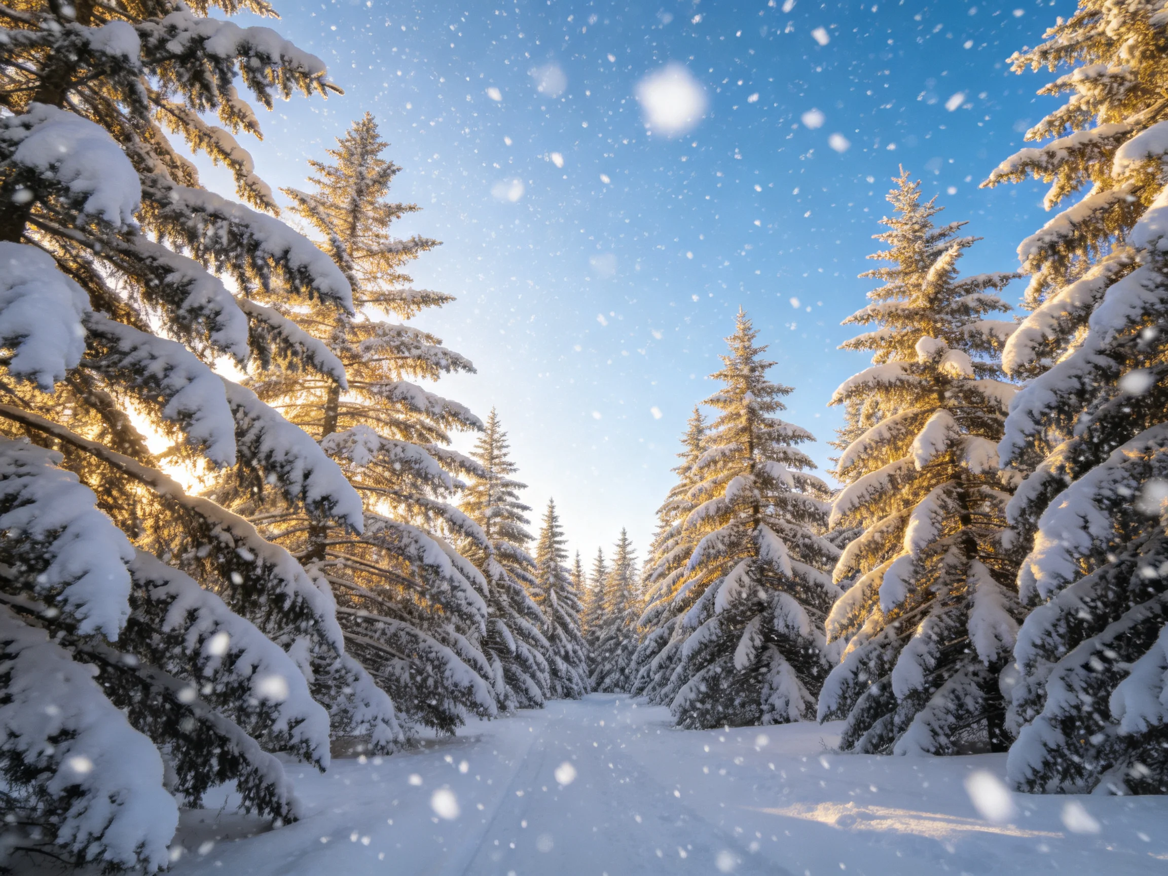 雪覆针叶林的枝桠上积着厚厚的雪,雪粒在空中轻轻飘落,地面是纯净的白色雪地。