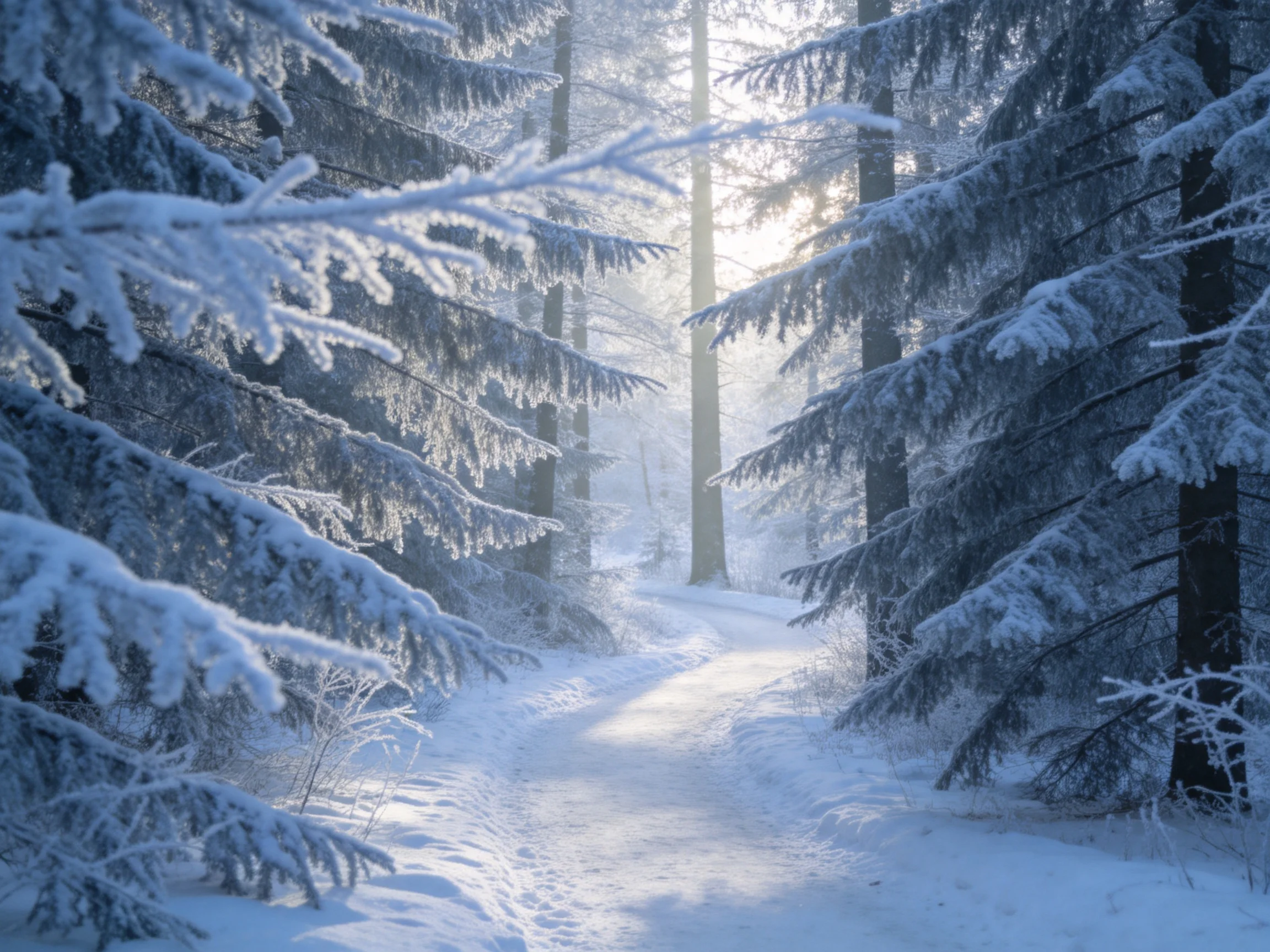 针叶林冬日景象,雪覆盖的树枝与雪地形成鲜明对比,阳光在雪面上形成斑驳光影效果。