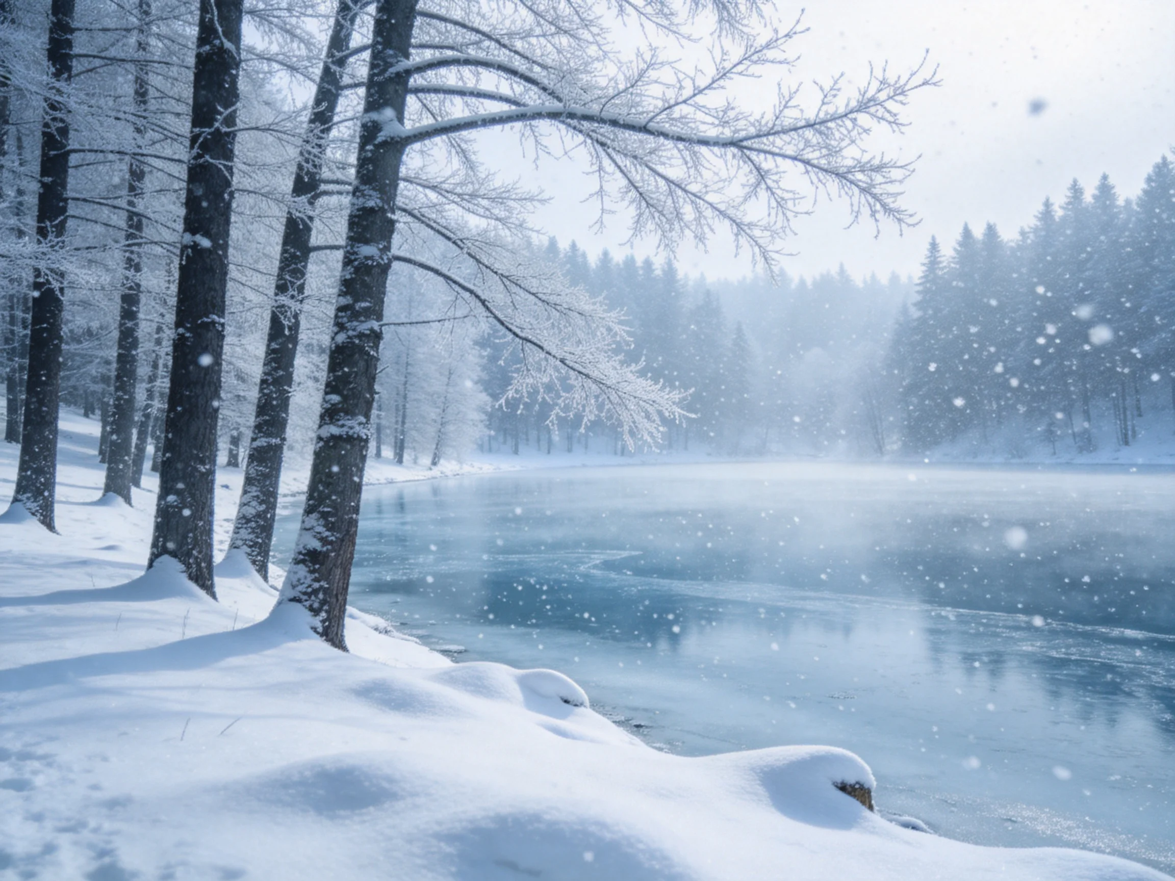 冬季雪林湖景中,高大树木的枝桠挂满积雪,湖面结冰泛起薄雾,雪花飘落,展现冬日雪景的独特风貌。