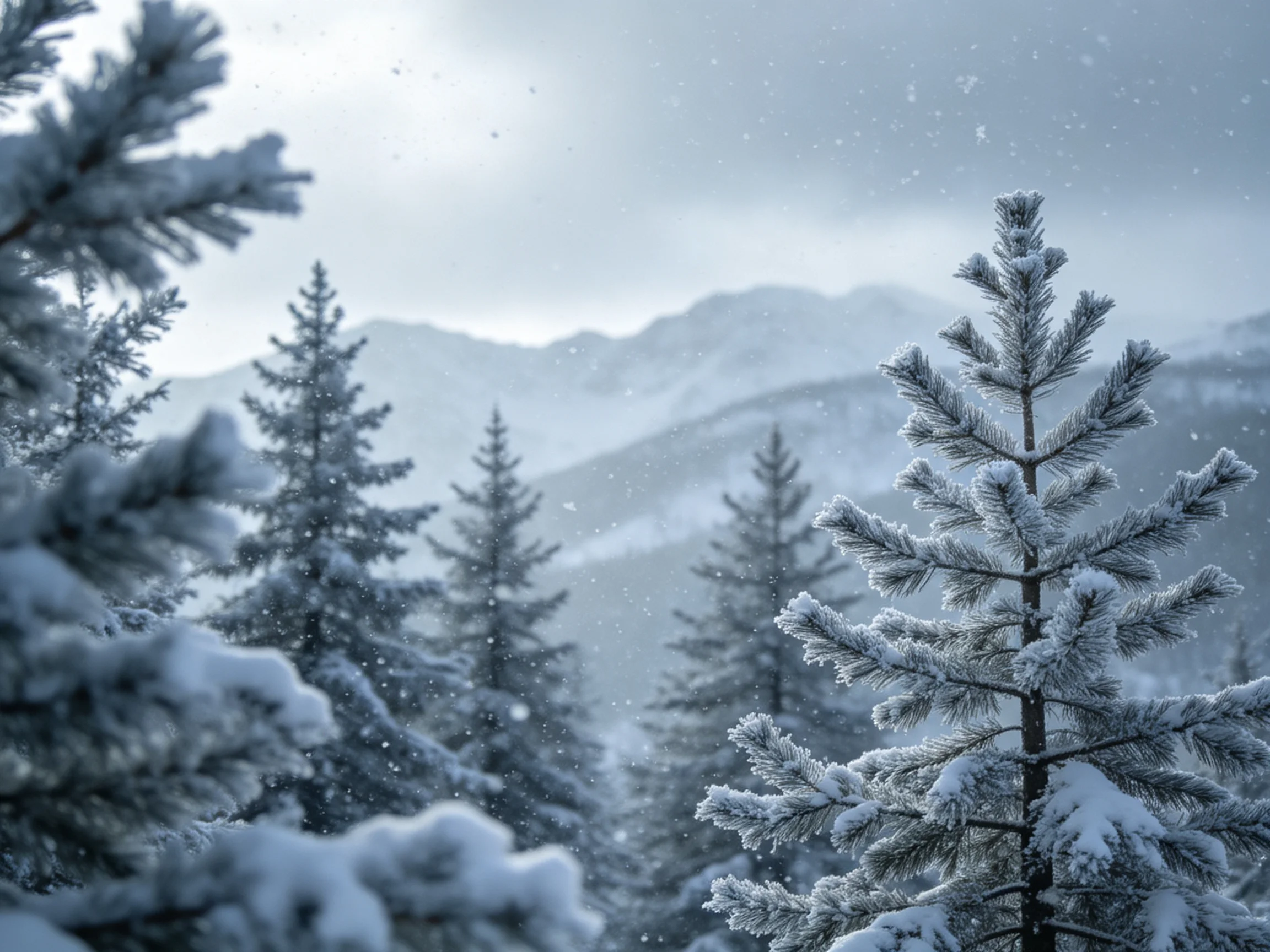 雪松枝叶上覆盖着厚厚的积雪,针叶纹理清晰可见,雪花仍在空中飘散。