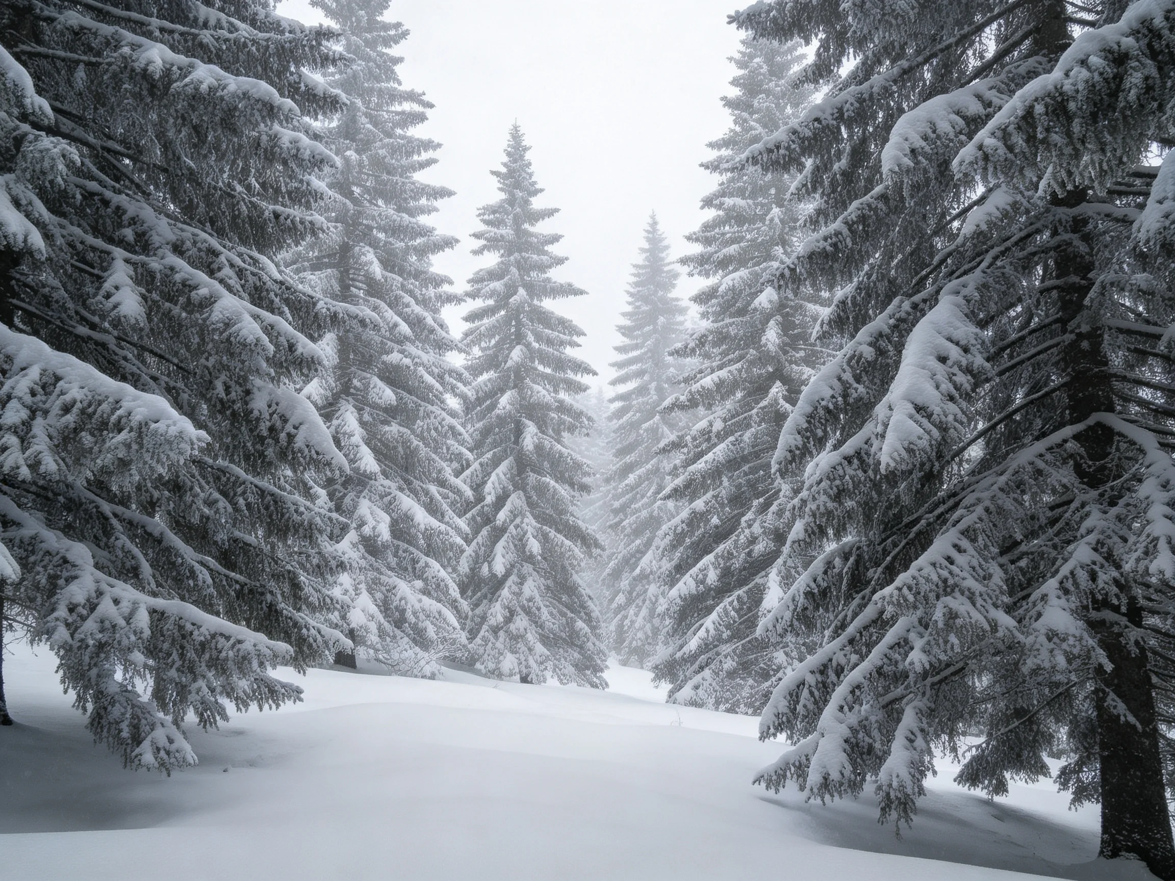 雪松树上覆盖着厚厚的白雪,雪层在枝桠处堆积,呈现出的形态。