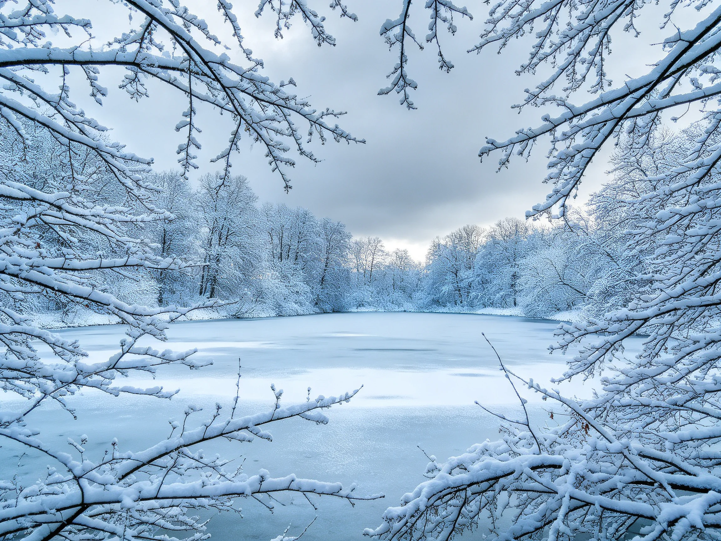 冬季雪景湖林中,雪覆枝桠的银白色纹理与冰湖的平滑表面相互映衬。