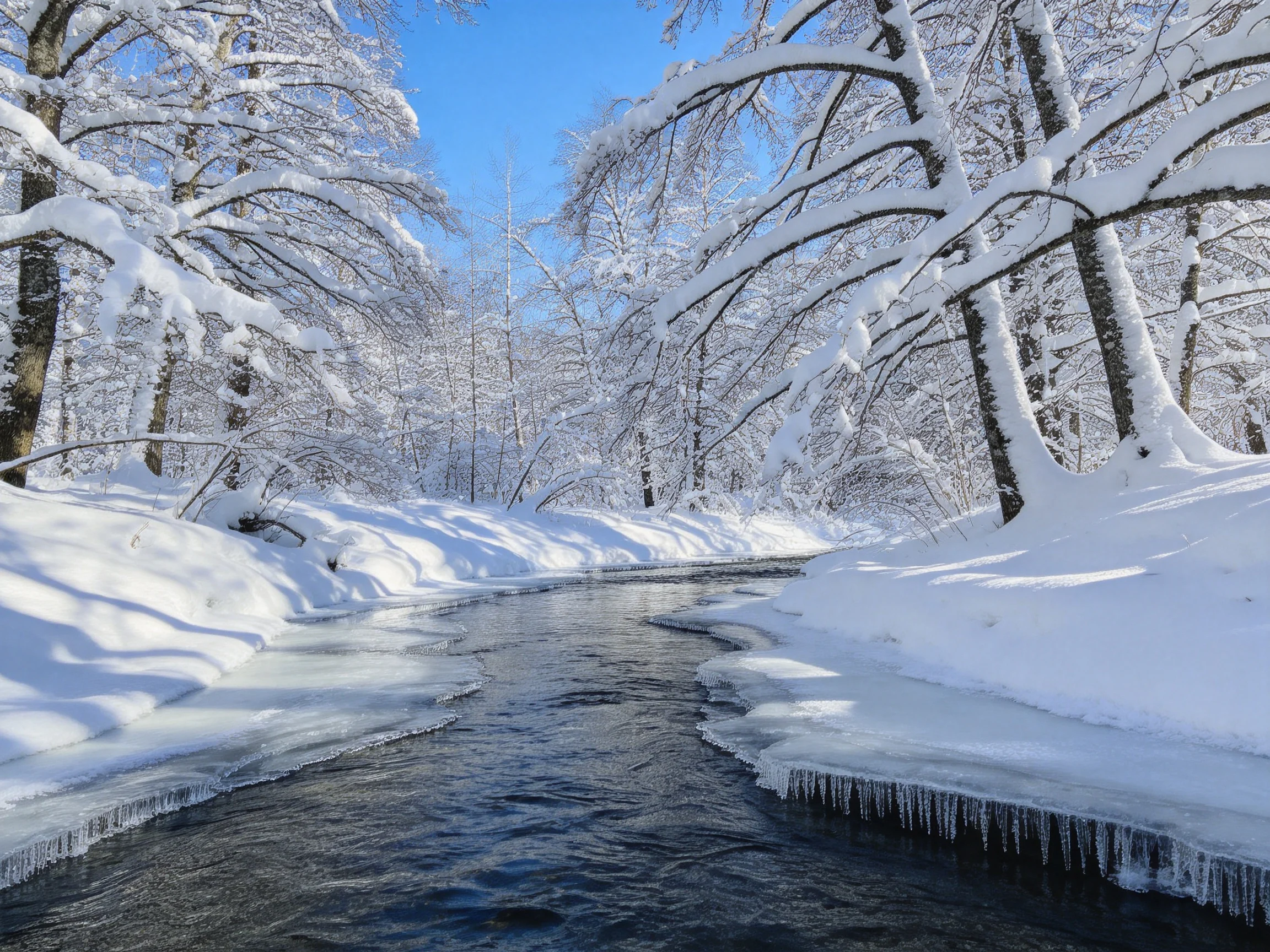 冬雪覆盖的林间溪流,水面有透明冰柱,树木枝桠弯曲被雪压成优美弧线。