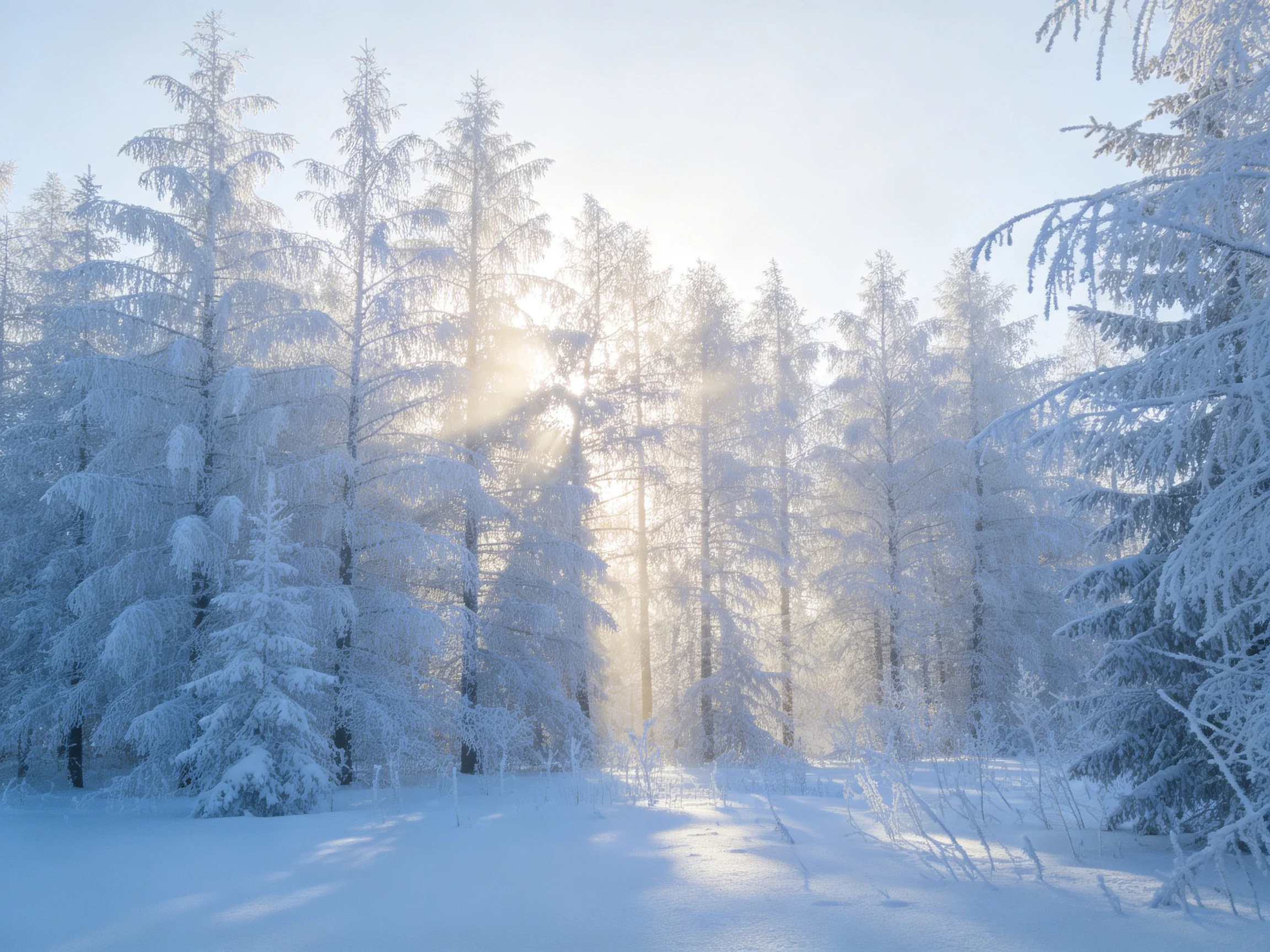 雪松林在阳光下展现出被雪覆盖的枝桠,阳光从树林间隙透入,照亮了雪地。