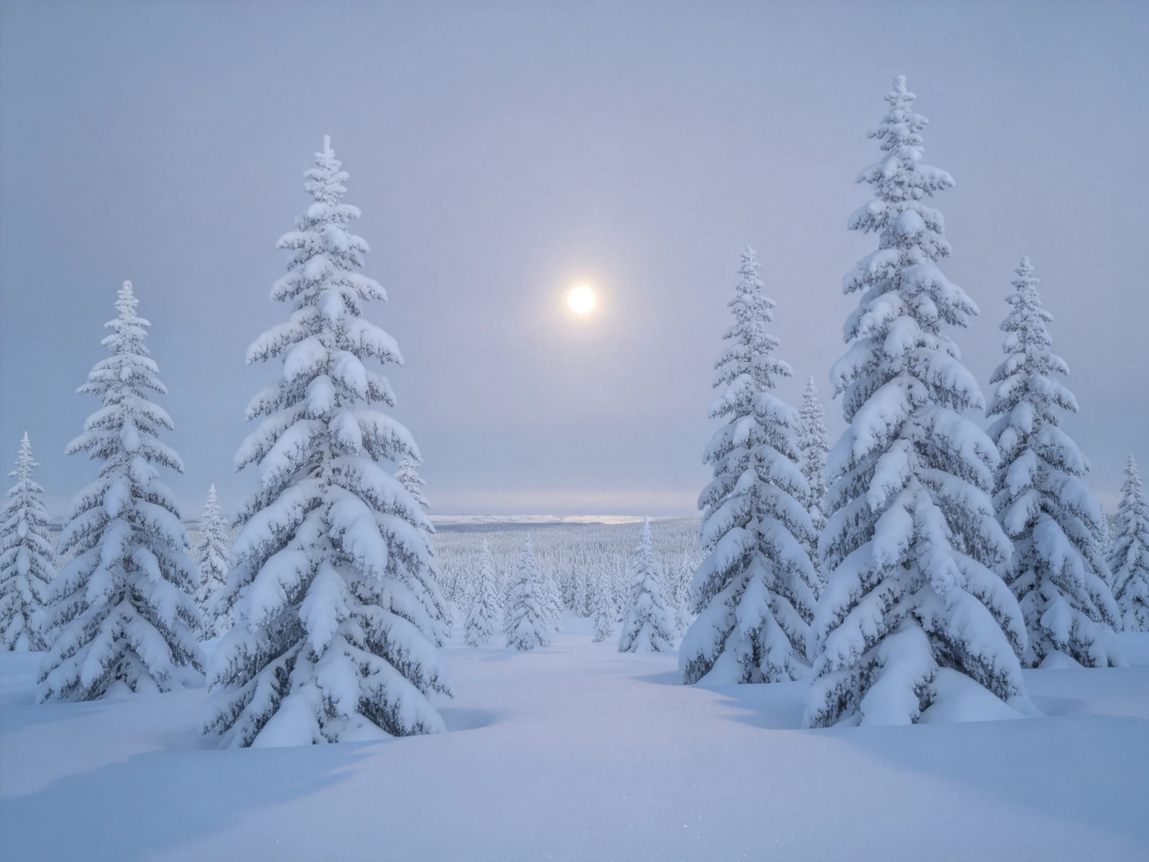 雪覆针叶林的冬日场景中,高大的常绿树木被厚厚的白雪覆盖,树枝呈现出洁白纯净的状态。