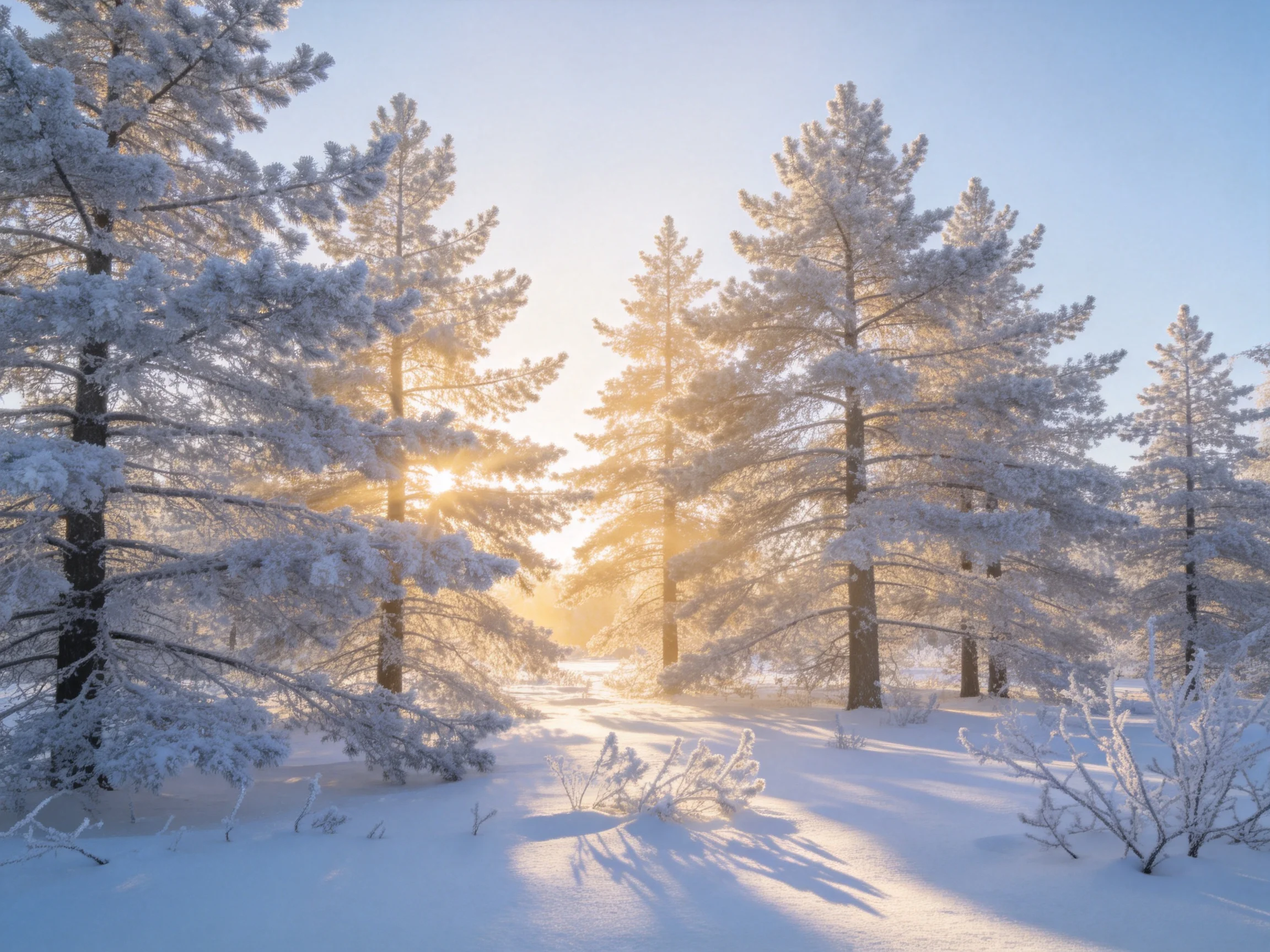 雪松枝叶上覆盖着洁白的积雪,针叶纹理清晰可见,阳光透过枝叶形成斑驳光影效果。