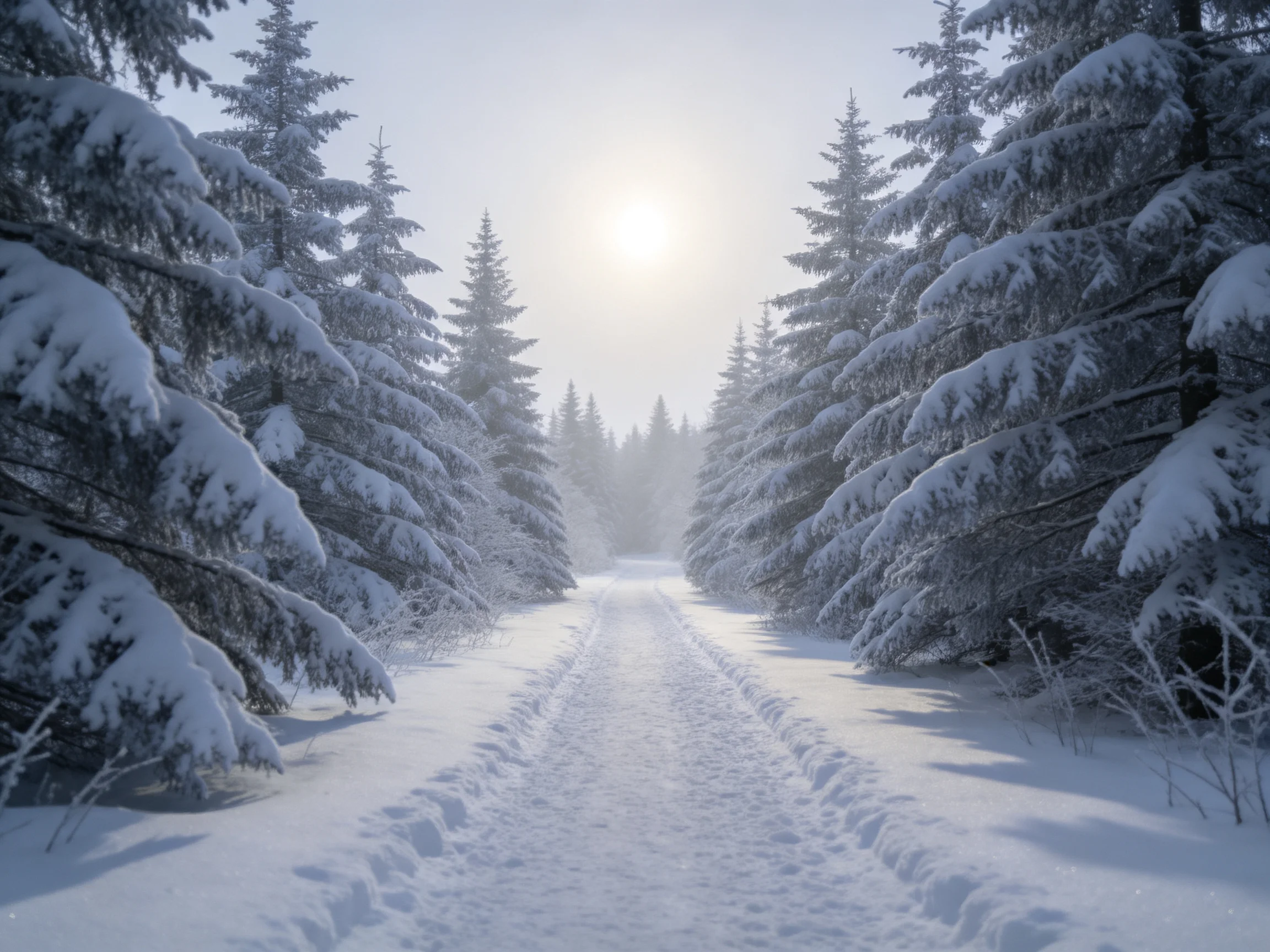 雪松林中积雪覆盖的小径展现出地面有清晰脚印,雪松枝桠挂满厚雪的景象。