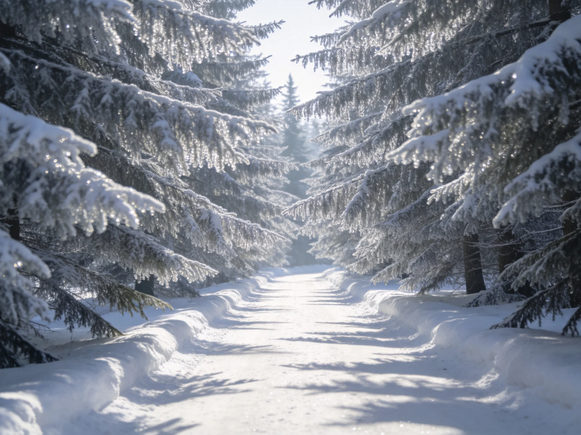 雪松林间的积雪步道,树枝挂满晶莹白雪,阳光透过枝桠形成斑驳光影效果。